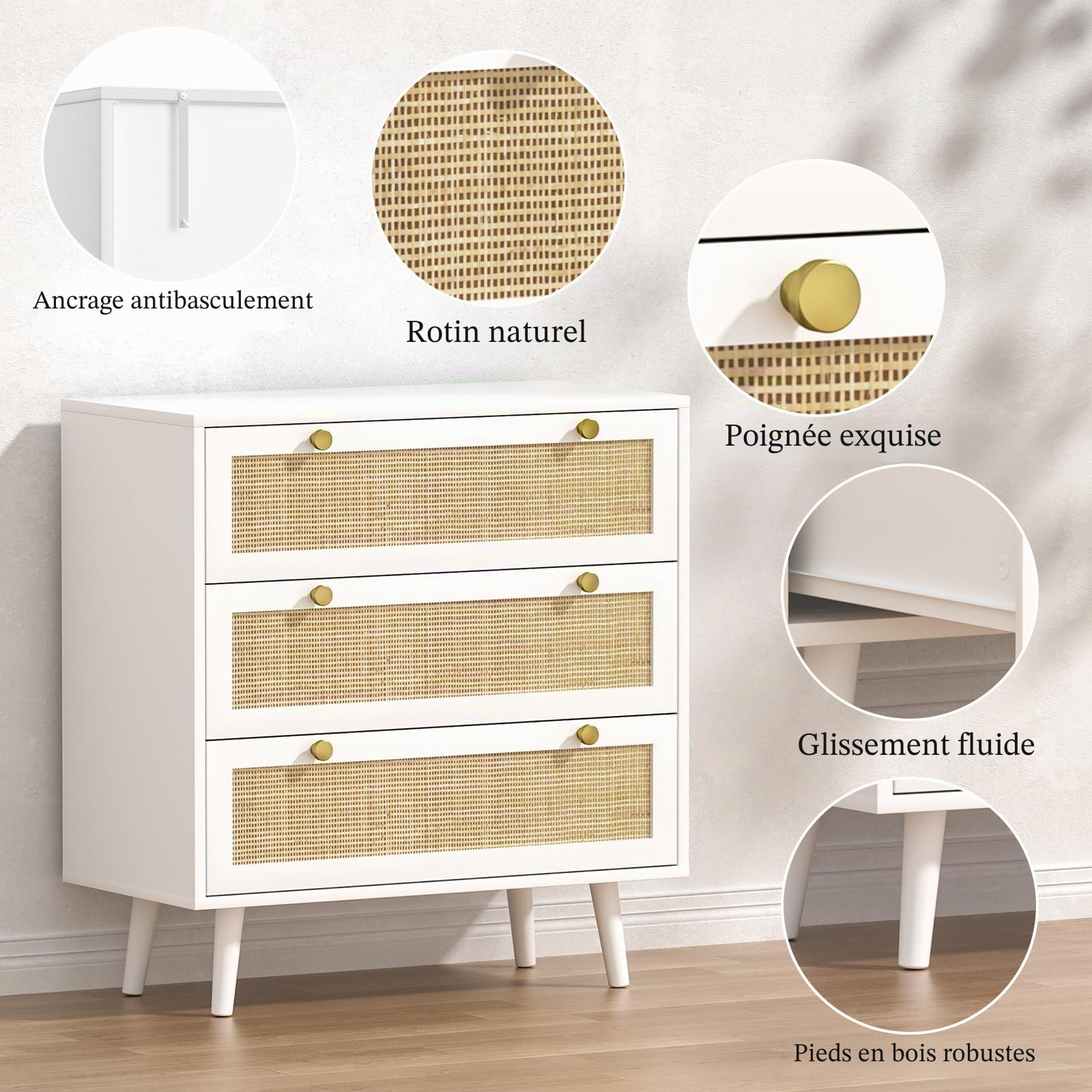 Commode en Rotin Chambre Adulte et 3 Tiroirs pour Salon