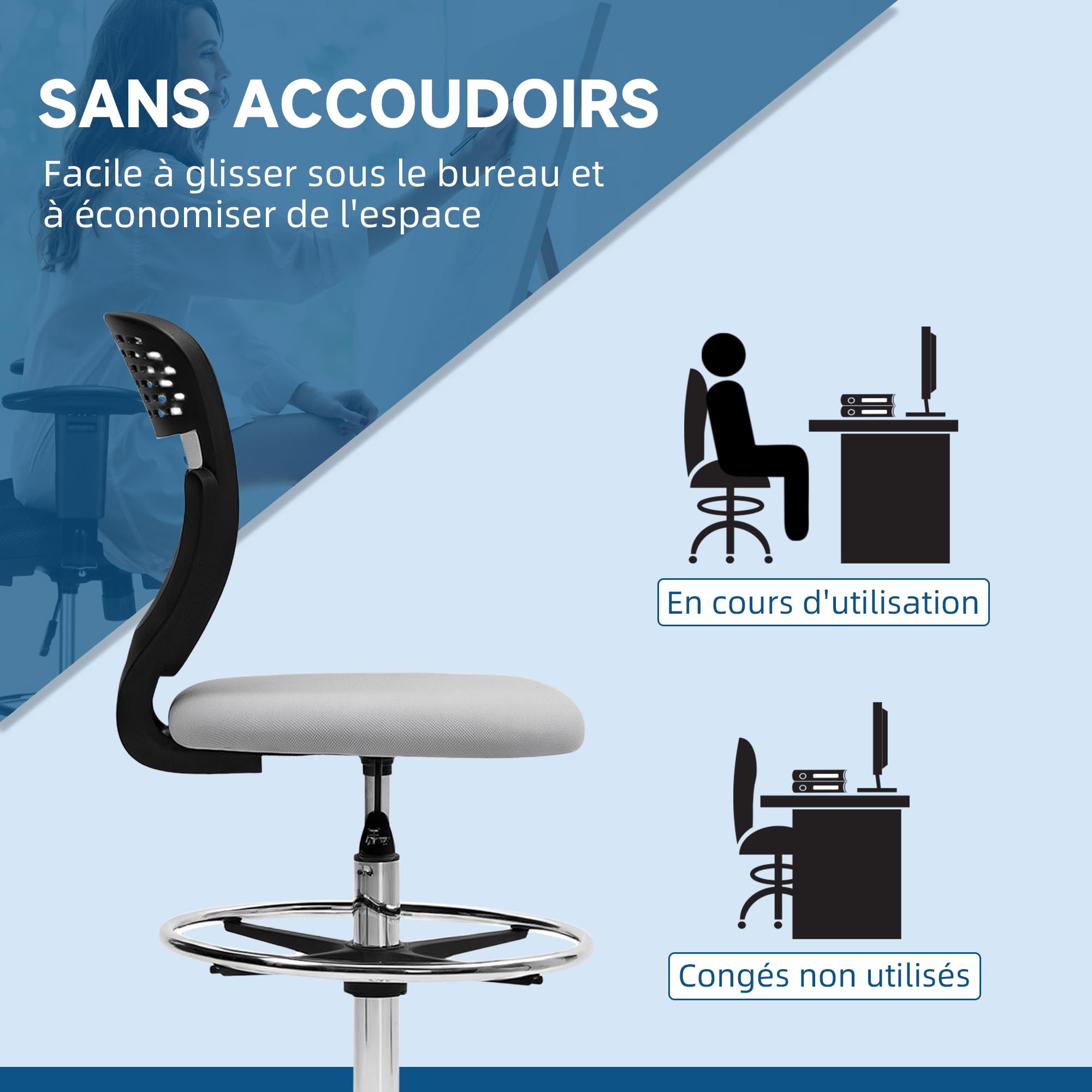 Vinsetto Sedia da ufficio ergonomica sgabello da ufficio con poggiapiedi e senza braccioli, sedia da disegno a schienale medio in rete, altezza regolabile, seduta imbottita e girevole a 360° grigio