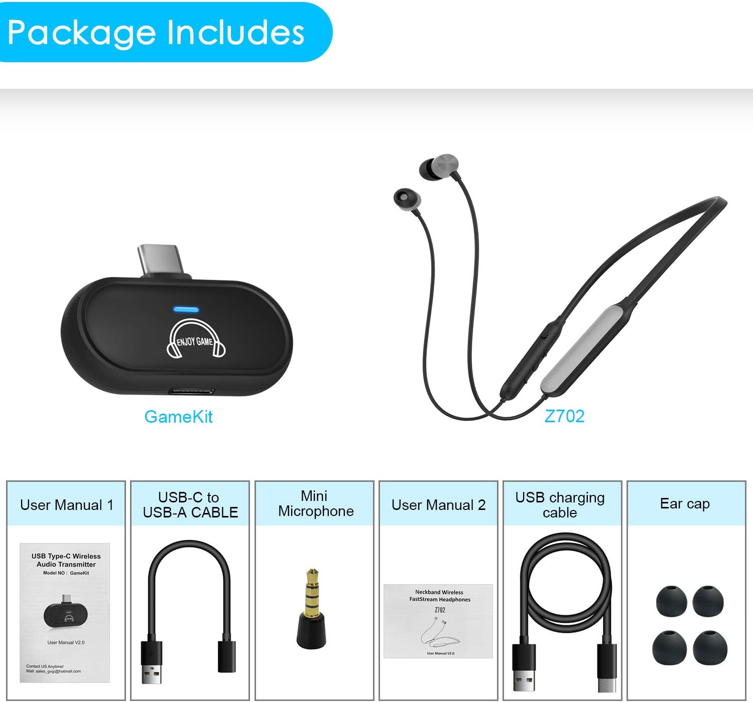 Contents of the Giveet Wireless Gaming Headset package including headset, transmitter, cables, microphone, and ear caps