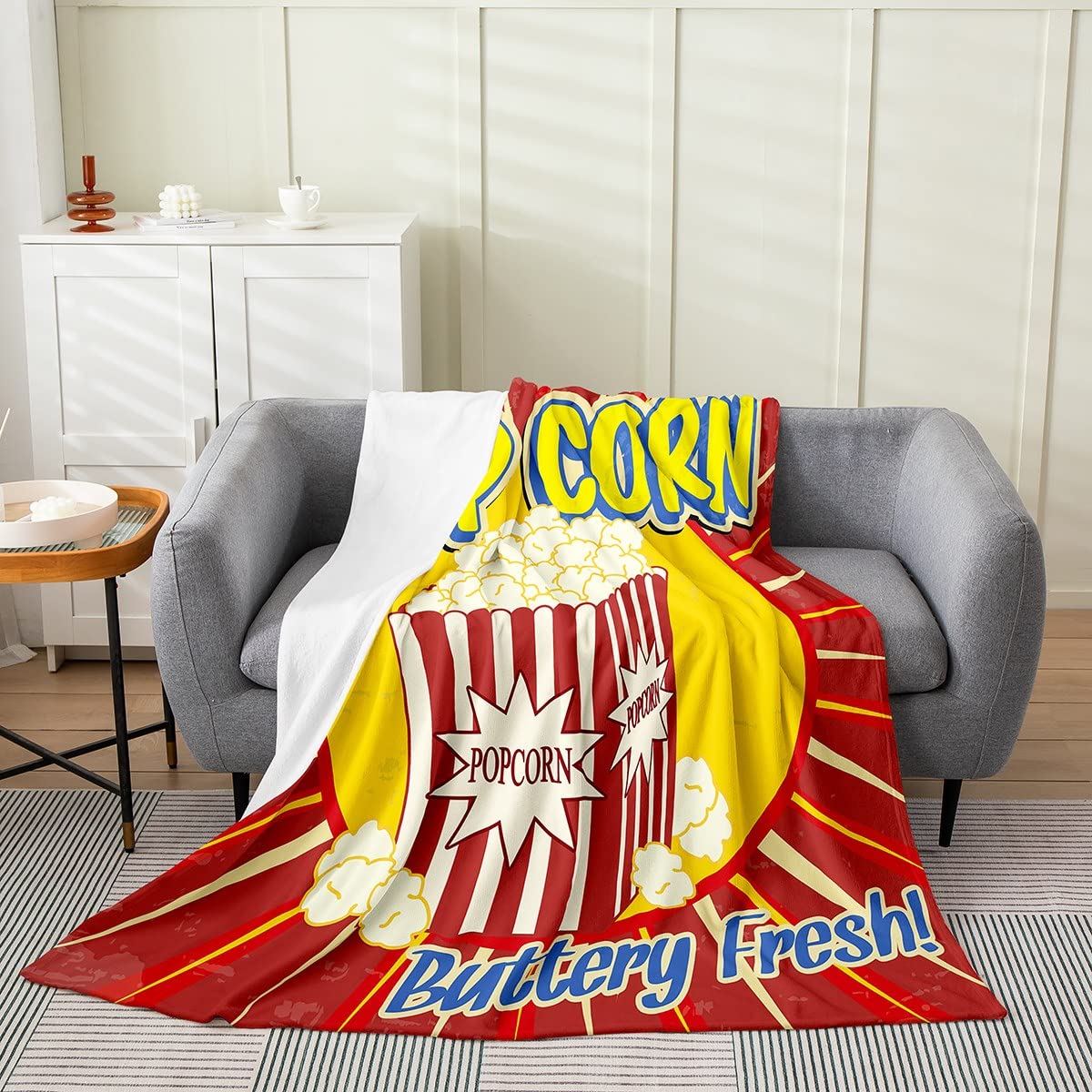 Homemissing Popcorn Print Blanket Movie Theater Plush Throw Blanket for Kids Girls Decor Movie Night Flannel Fleece Blanket Microfiber Cinema Bedroom 40x50 Inch