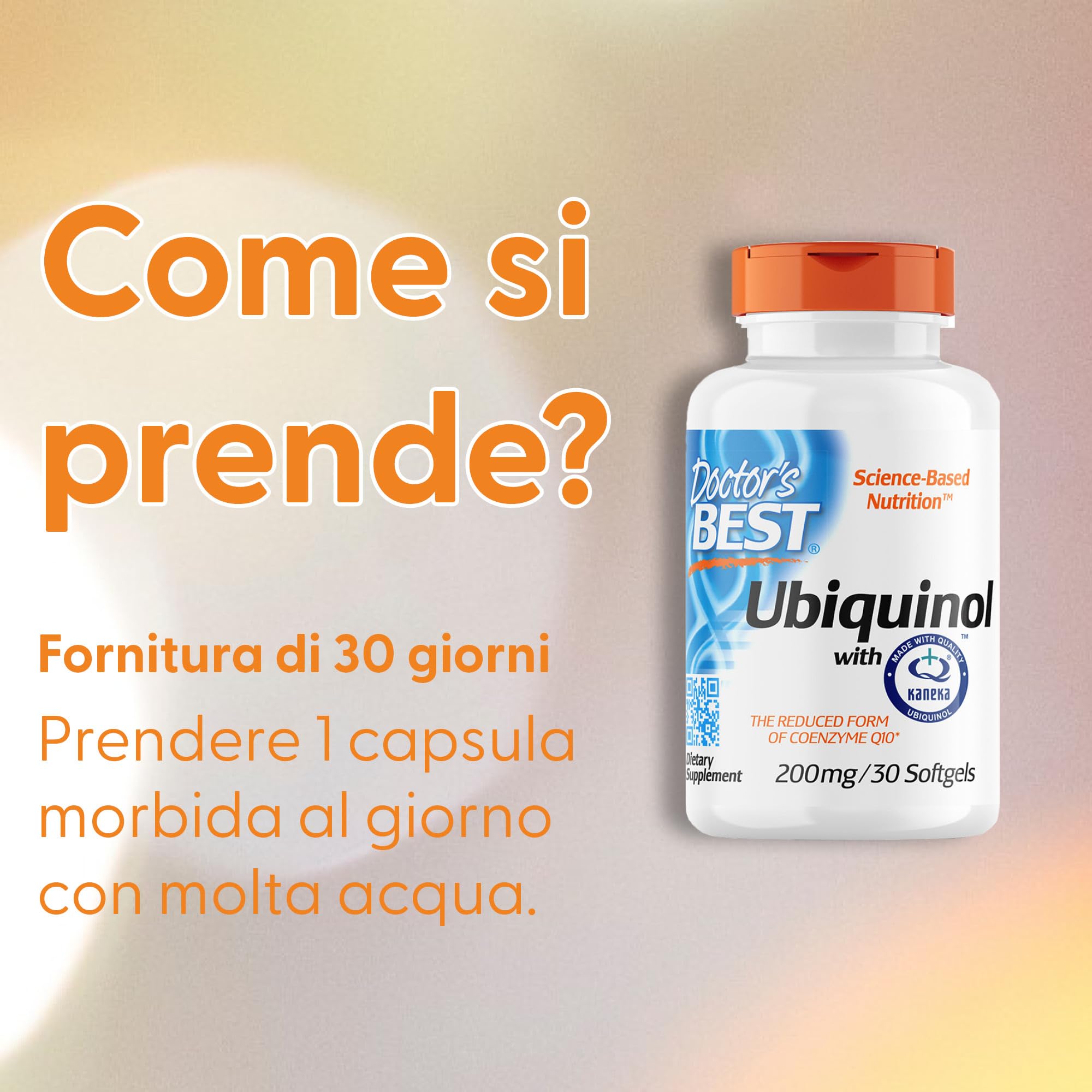 Doctor's Best, Ubiquinol, con Kaneka QH Ubiquinol, 200mg, 30 Capsule morbide, Coenzima Q10, Altamente Dosato, Testato in Laboratorio, Senza Soia, Senza Glutine, non OGM