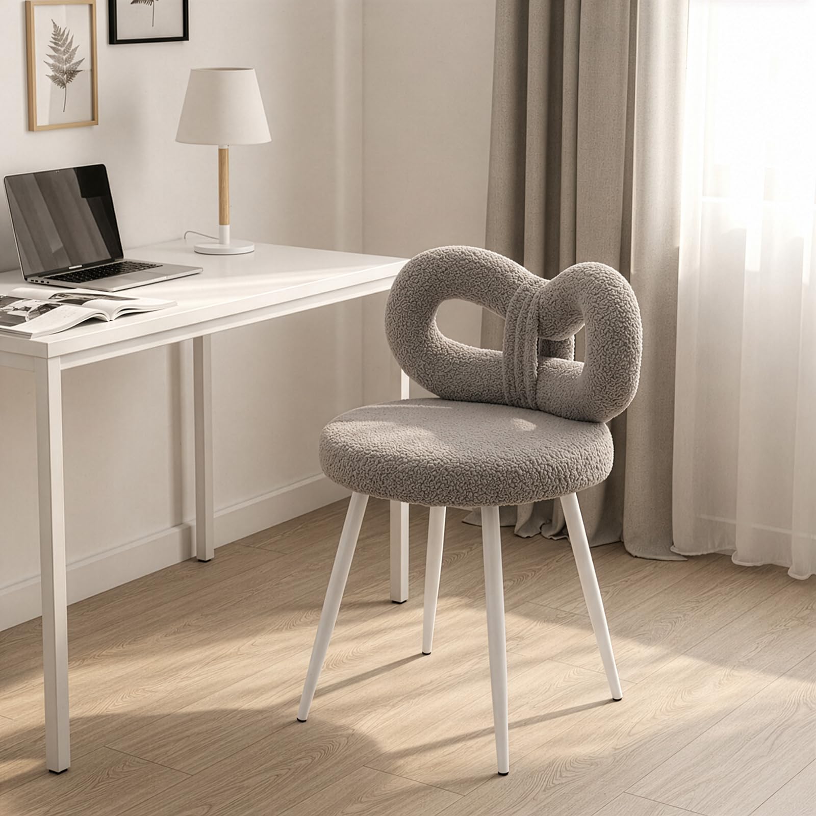 Minifactory Small Vanity Chair with Bow Backrest, White Faux Lambswool Makeup Stool for Dressing Table, Armless Compact Bedroom Chair for Women & Girls, Sturdy Carbon Steel Frame (grey)