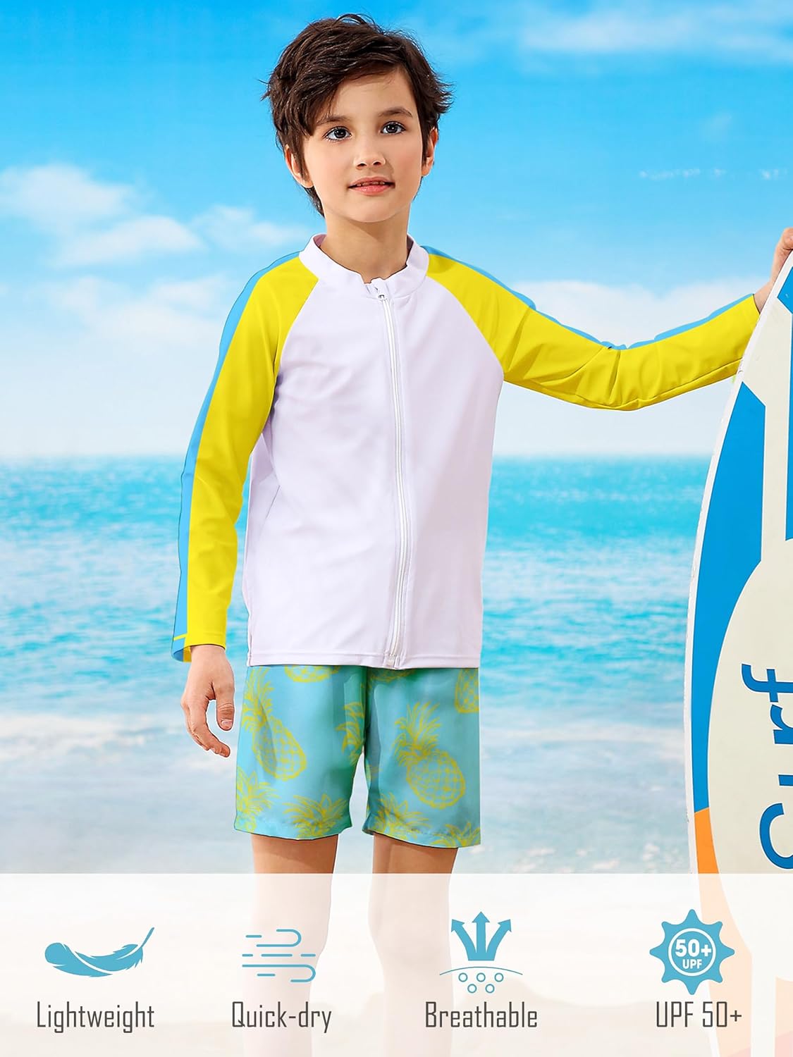 Boys Two Piece Swim Set Zipper Rash Guard Swimsuits Long Sleeve Bathing Suit for 4-12 Years - Image 7