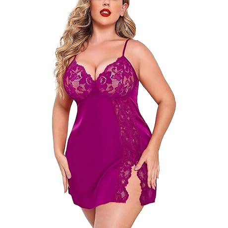 Plus Size Sexy Satin Lace Babydoll Nightgown with Side Slit