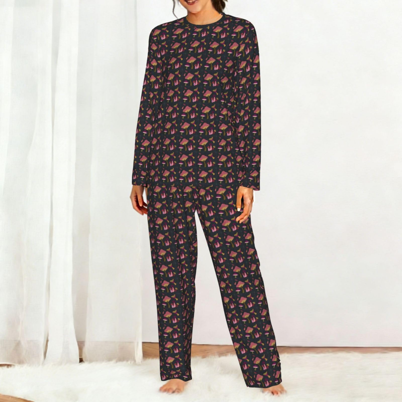 Pigiama da donna a maniche lunghe con stampa a fungo, per vacanze, yoga, uscite casual, comodo regalo