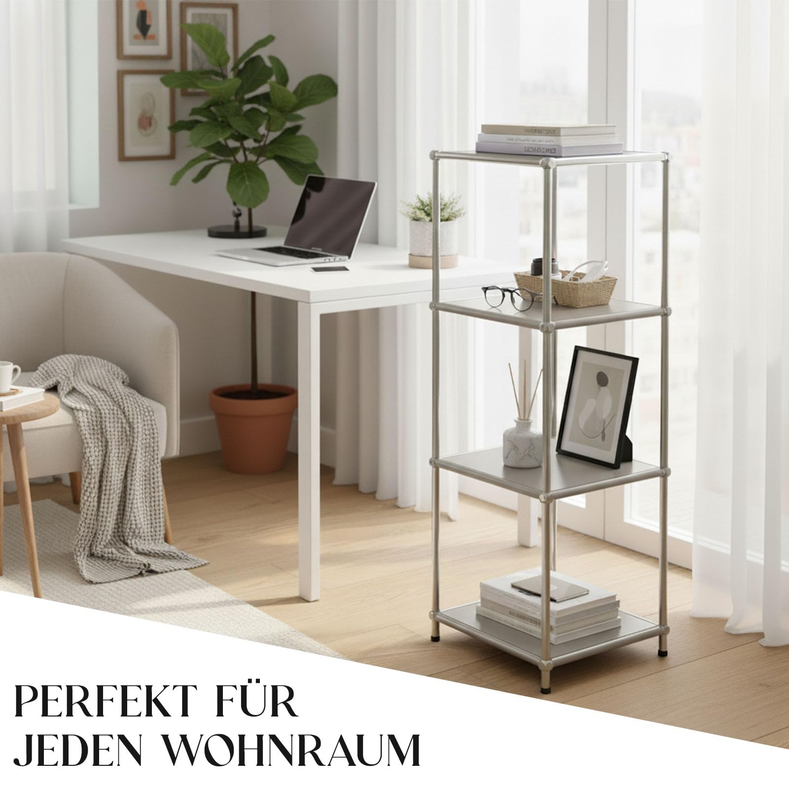 Floordirekt Concept Epure MK-005 - Estantería de metal (4 niveles, 95 x 30 x 30 cm), diseño moderno, color gris y cromado