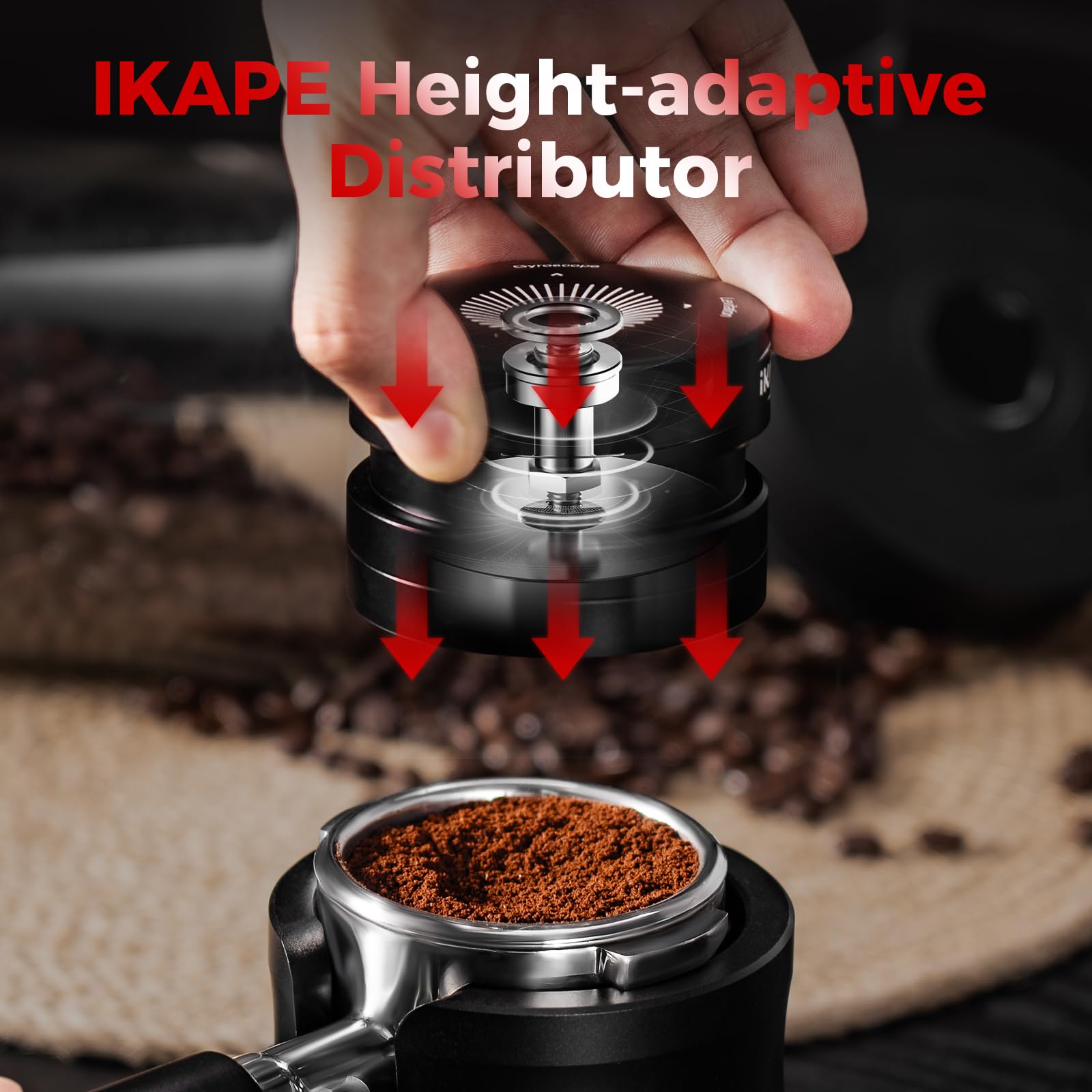 IKAPE 58,35 mm Espresso-Kaffeeverteiler, Kaffee-Doppellager- und Hochgeschwindigkeitsverteilungswerkzeug, adaptiver Höhen-Kaffeetamper-Nivellierer für Siebträger über 58 mm