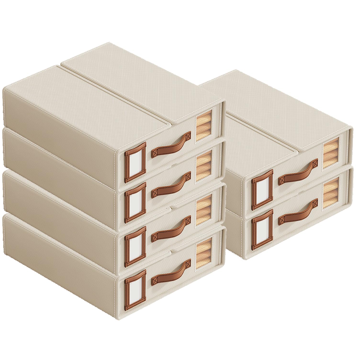 Cajas Organizadoras para Armario, Juego de 6 Cajas de Almacenamiento de Tela No Tejida 38x32x11.5 cm con Ventana Transparente, Asa y Etiqueta, para Ropa, Sábanas, Fundas Nórdicas y Mantas, Beige