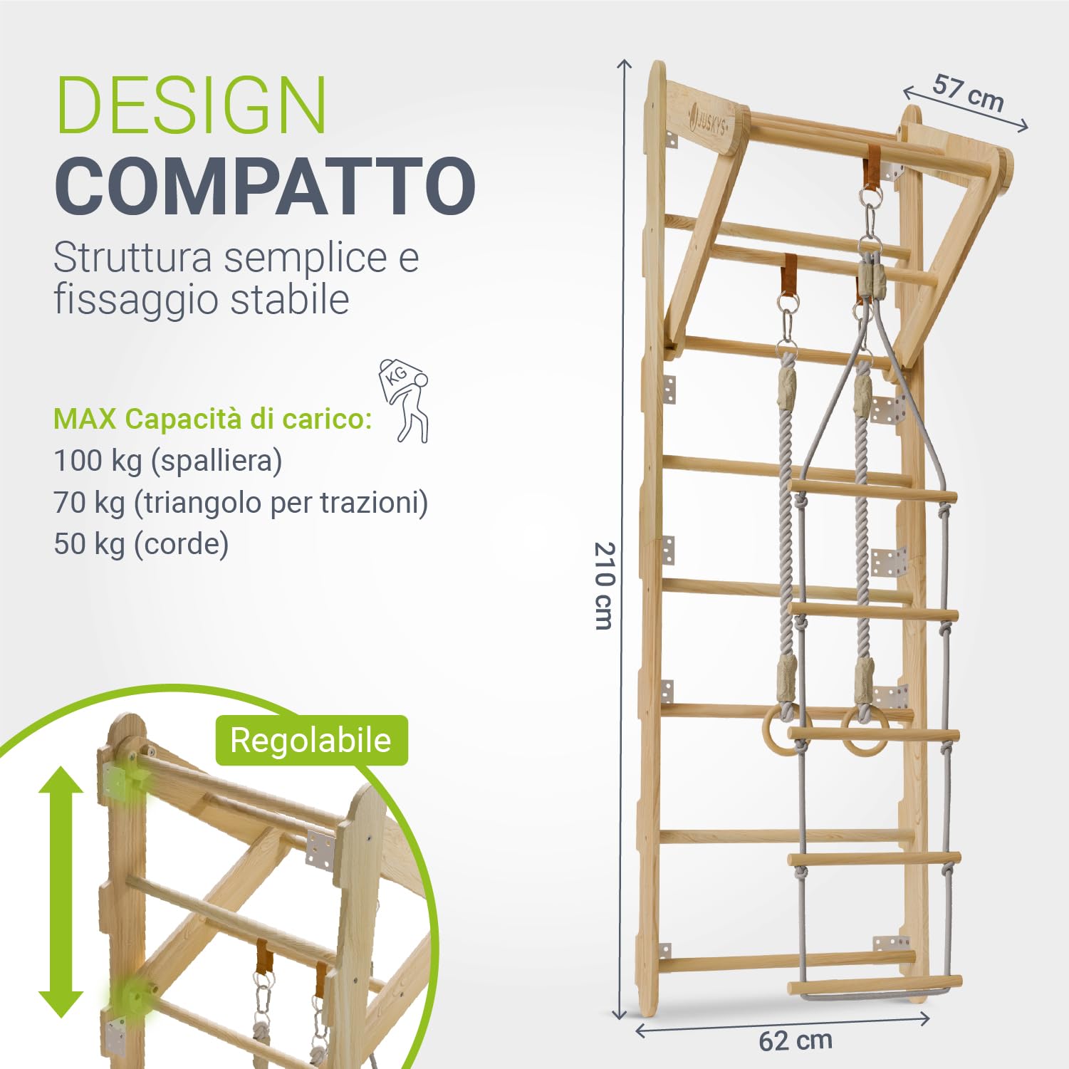 Juskys spalliera per bambini - con barra di trazione, struttura di arrampicata per interni con anelli ginnici e scala di corda, parete di arrampicata per la stanza dei bambini, barra ginnica