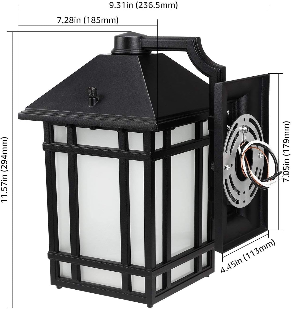 Diagram showing the dimensions of the LEONLITE outdoor wall light in inches and millimeters.