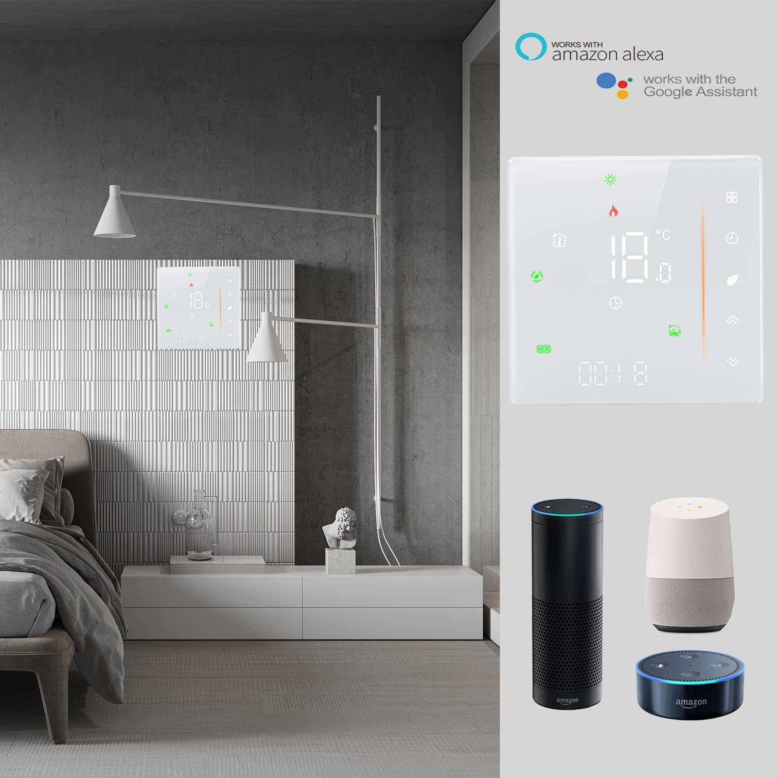 Termostato WiFi Color para Caldera Individual de Gas y Agua | Control Alexa Google Home, contacto seco 5A, voltaje 95‑240VAC, pantalla LED protectora de ojos