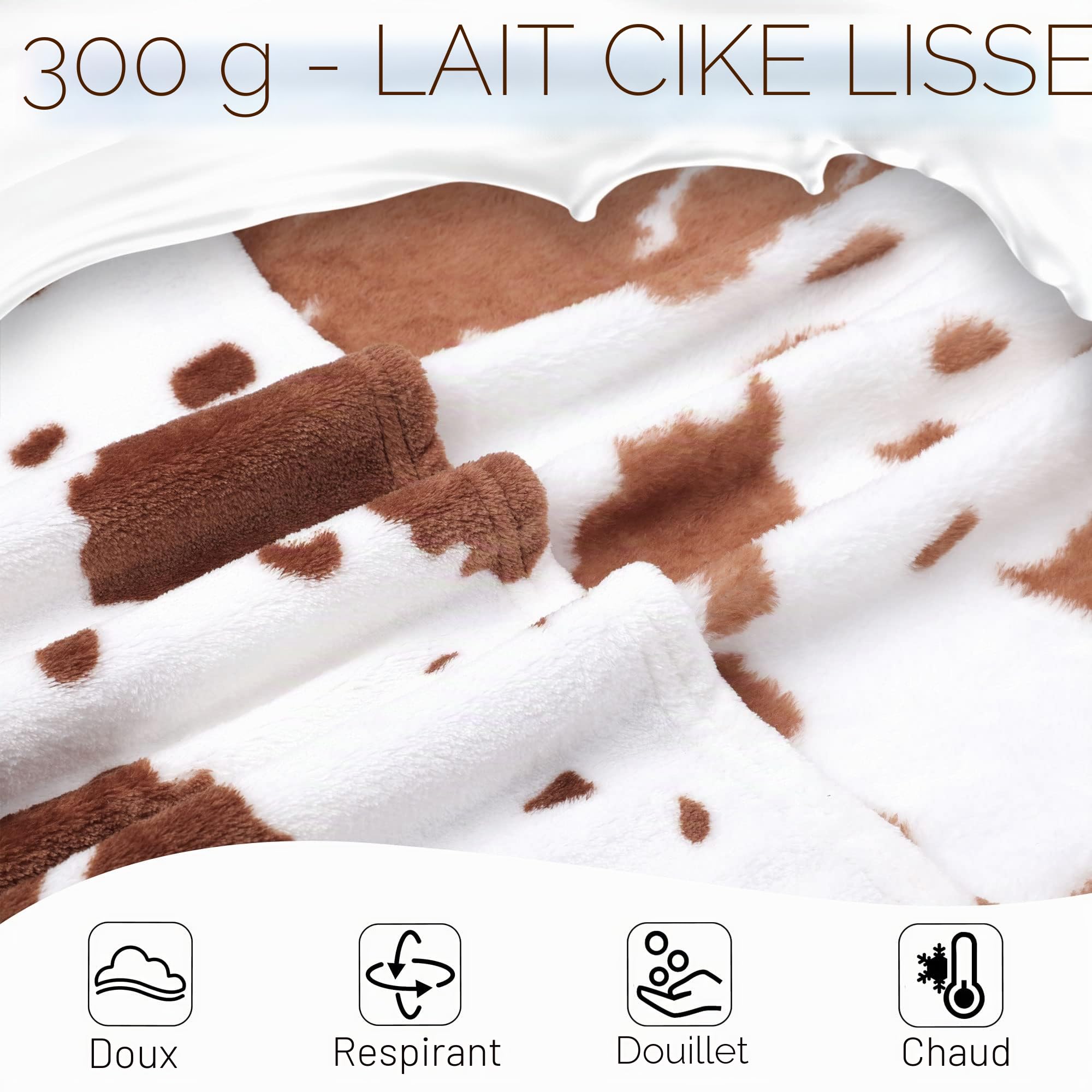 PiccoCasa Couverture imprimée de Vache, Douce 300 g/m², en Flanelle, légère, Mignonne et Confortable, Texture de Vache Chaude, pour canapé, lit, Bureau, Marron, 150 x 200 cm