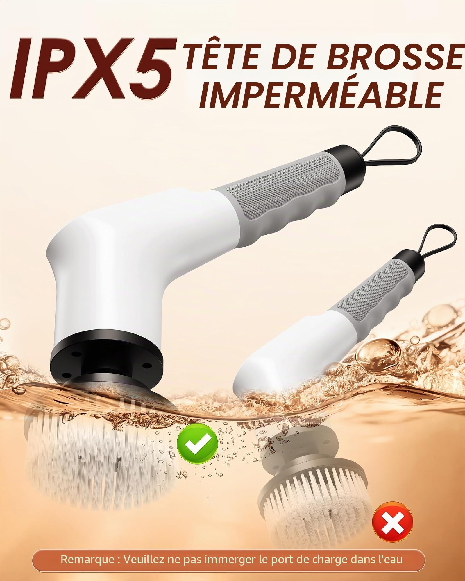 Brosse de Nettoyage électrique Rotative, Brosse de Douche avec 8 Têtes de Brosse Remplaçables, Electric Spin Scrubber avec Manche Extensible, 2 Vitesses Réglables, pour Baignoire, Coulis, Carrelage