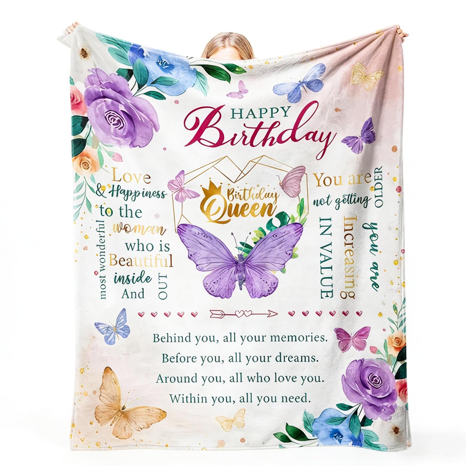 Birthday Blanket Gifts for Women 150 x 200cm, Happy Birthday Queen Fleece Throw for Her, Warm and Soft Gift for Mum Wife Sister Grandma Female Friend Daughter Girlfriend Girls (White)