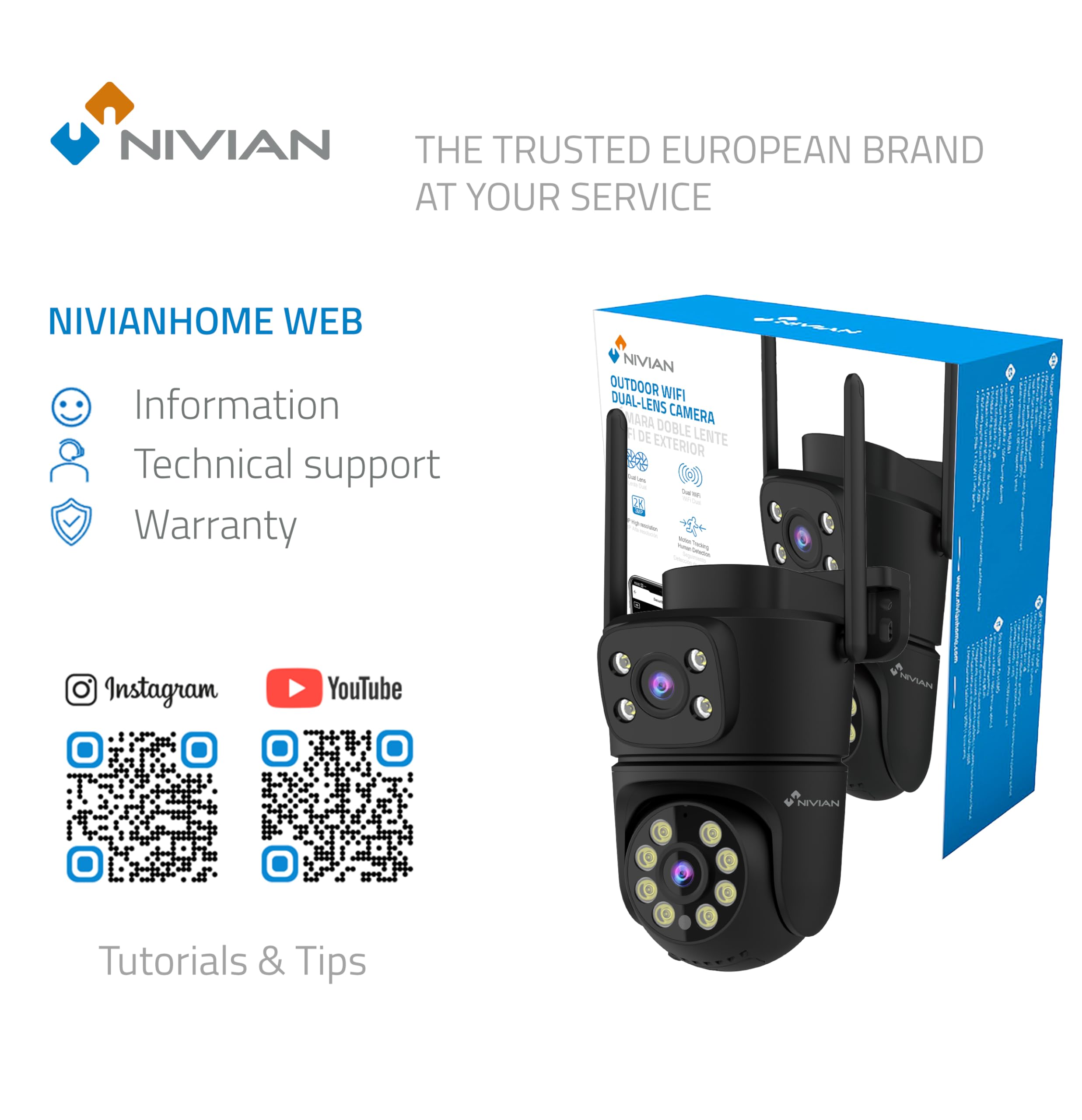 NIVIAN Cámara Vigilancia Exterior WiFi Dual 3MP SuperHD 2K con Doble Lente – Sin Ángulos Muertos, Seguimiento Automático IA, Audio Bidireccional, IP65, Control App Tuya (Negra)