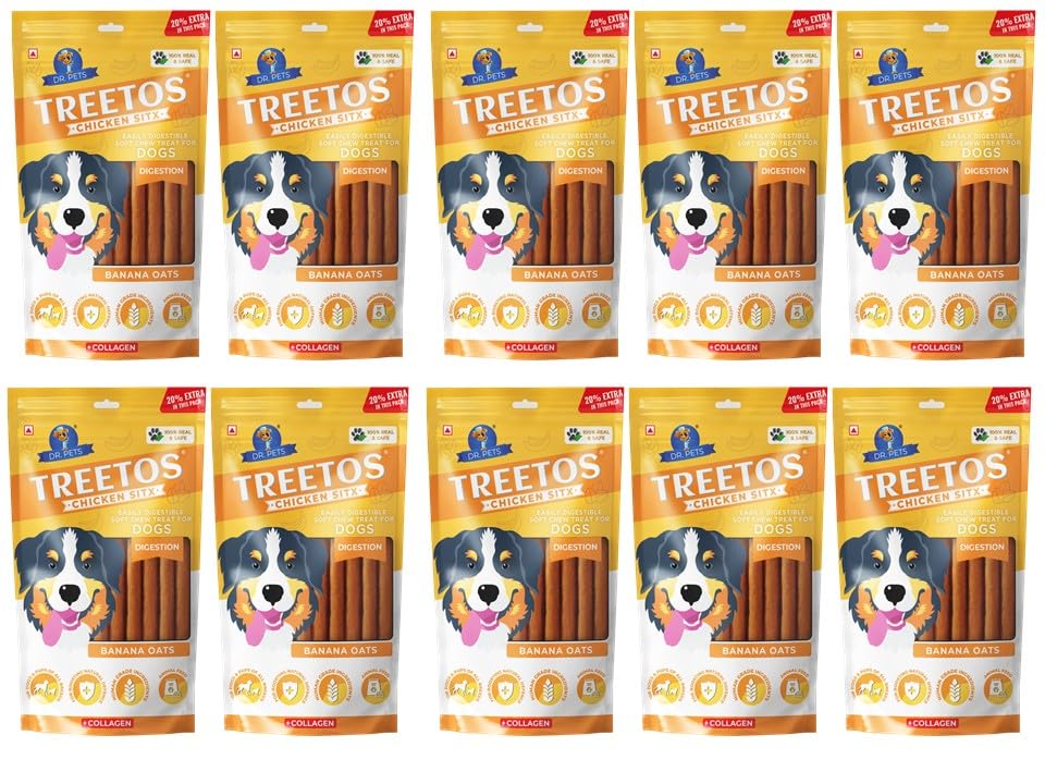 Image of Dr. Pets Pack of 10 (85g Each) Treetos Chicken Stix Dog Treats | Banana Oats Flavour | Soft Chew Sticks for Puppies & Adult Dogs | Training Reward Snacks | Pouch Pack