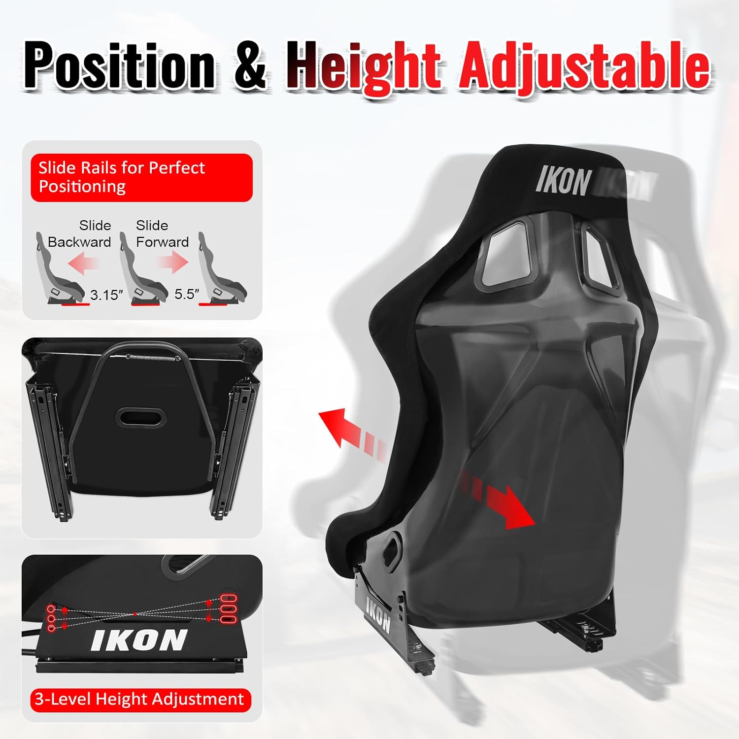 IKON MOTORSPORTS Pair of Universal Ergonomic Bucket Racing Seats, Premium Black Velvet Fabric & Black Fiberglass Back, Comfortable Removable Cushion, 3 Height Adjustable, Dual Sliders