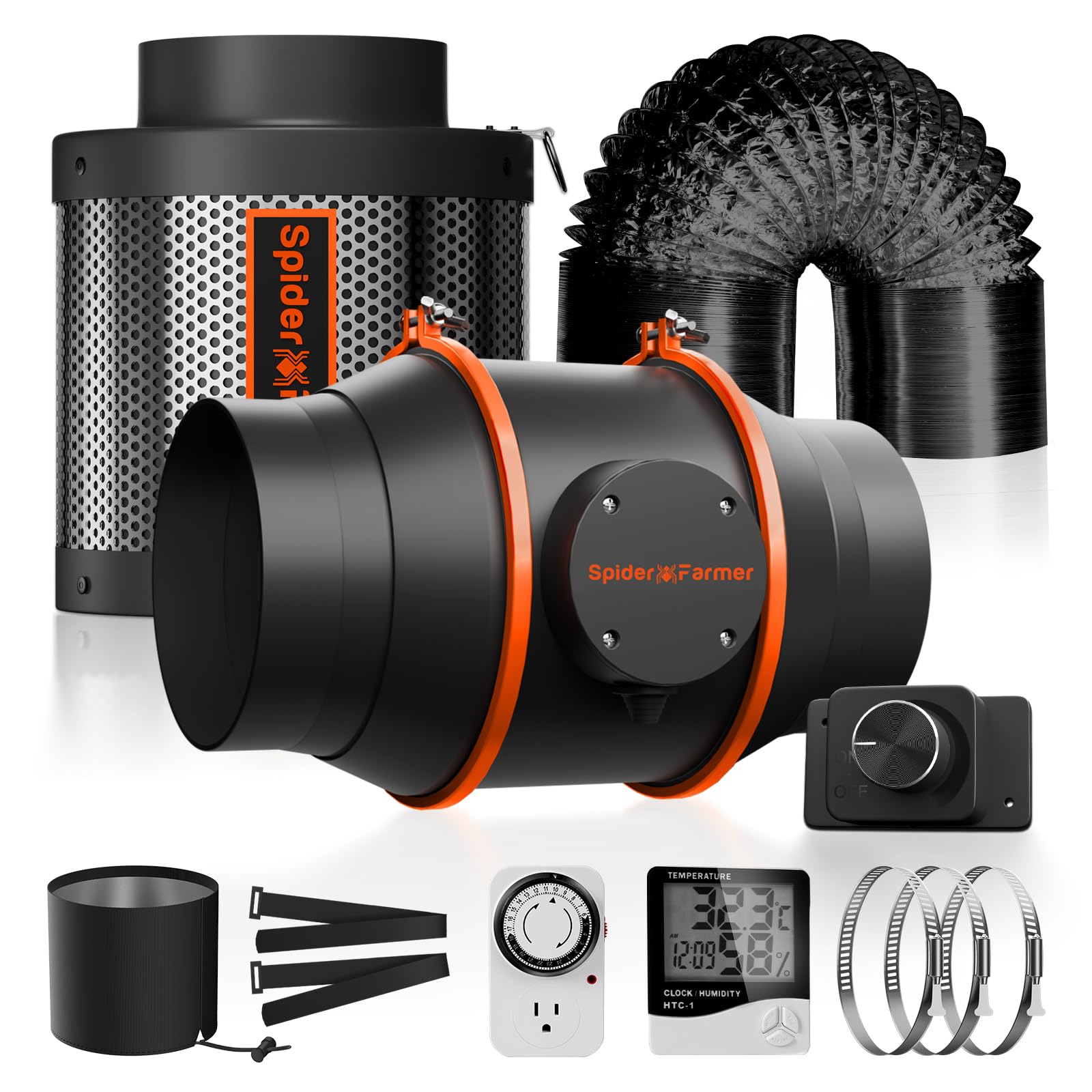 Spider Farmer 15.2 cm Inline Fan Carbon Filter Air Ducting Kit, Exhaust Fan with Speed Control Hydroponics Grow Tent Ventilation Kit for Heating Cooling Booster, Grow Tents, Hydroponics
