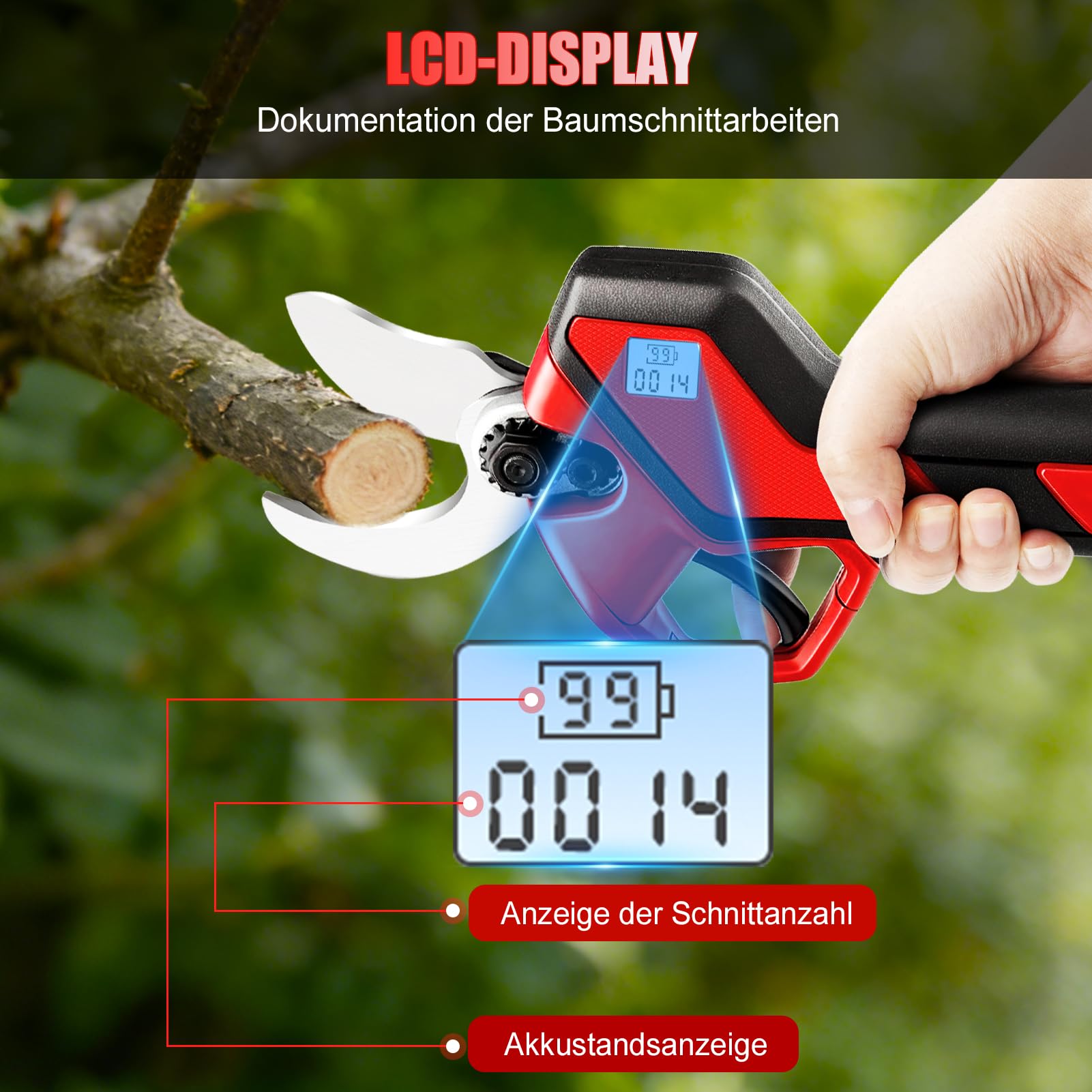 Akku Astschere, 40mm Öffnung Elektrische Gartenschere Akku Baumschere Astschneider Mit 2×21V 2.0AH Akku, 600W BüRstenlosem Elektrisch Garten Schere Mit LCD-Anzeige FüR Zweige, Sträucher, StäMme