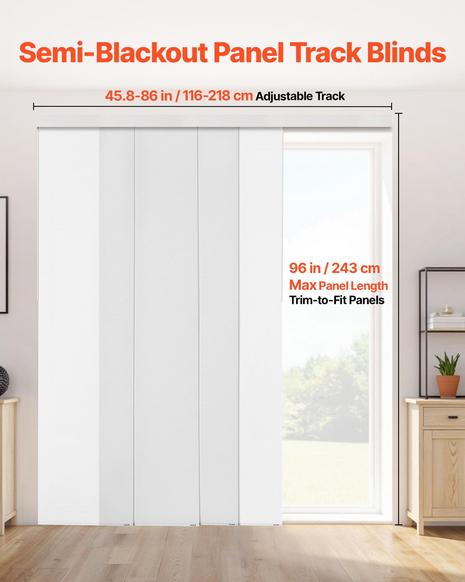 VEVOR Store à Panneaux sur Rail Extensible 116-218 cm de Largeur, Panneau Japonais Vertical Ajustable jusqu'à 243 cm de Hauteur, pour Portes Coulissantes, Séparation de Pièce, Fenêtres, Blanc