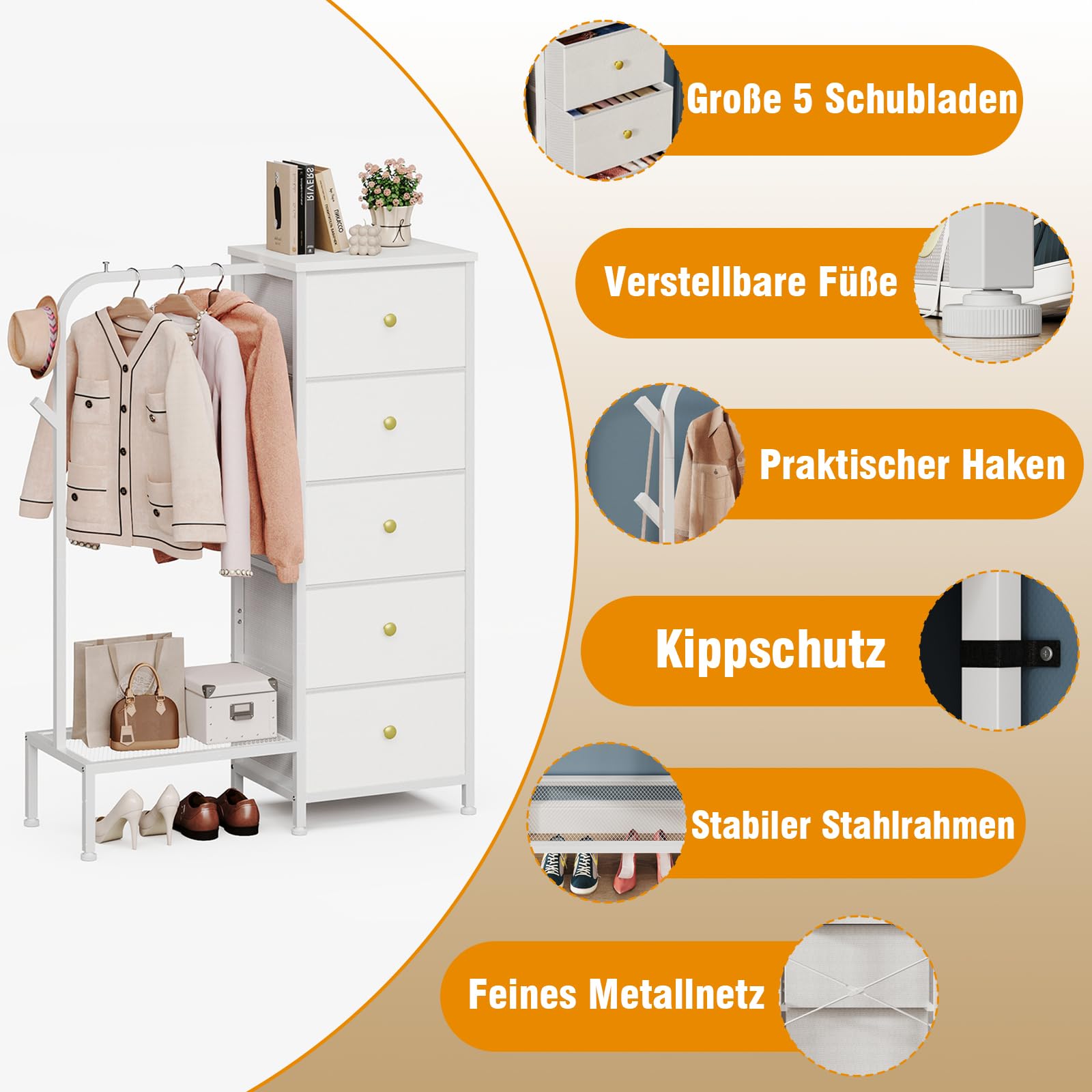 Trironsun Schmaler Stoffkommode mit 5 Schubladen und Kleiderstange Kinderkleiderschrank mit Hängeregal umkehrbar montierbar platzsparender Kleiderschrank für Schlafzimmer oder Kinderzimmer (Weiß)