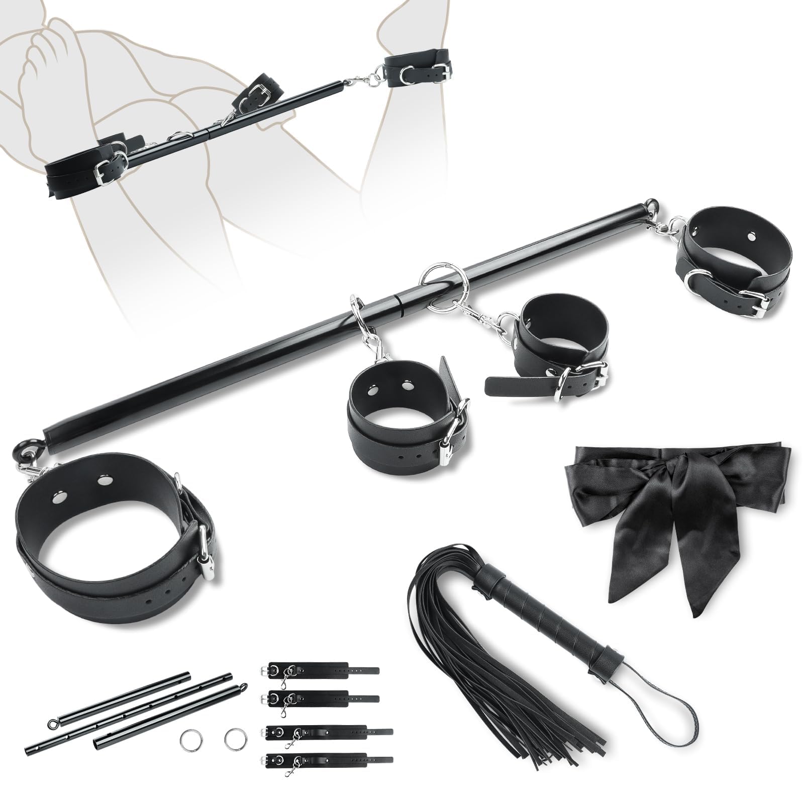 Barra separadora para bondage,kit de ataduras BDSM, juguetes sexuales para parejas,juguete sexual para adultos con 4 esposas ajustables, látigo y venda para los ojos,equipo y accesorios bondage(negro)