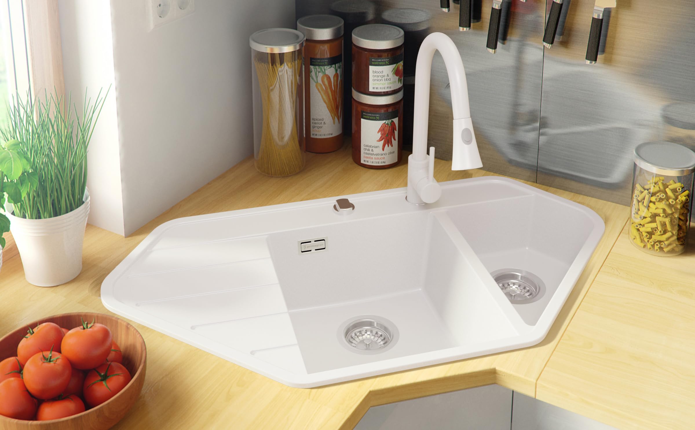 PRIMAGRAN Evier Cuisine en Granit Blanc 90x50cm, Lavabo 1,5 bacs + Kit de Vidage, Évier à Encastrer au Meuble 70cm - Copenhague S002