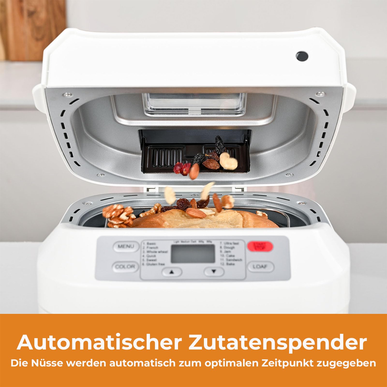 Kitchen in the box Brotbackautomat mit 12-in-1 Programmen, 2 Brotgrößen, 900g, Brotbackmaschine mit 13h Timer, Zutatenspender & Antihaft-Backform, Weiß