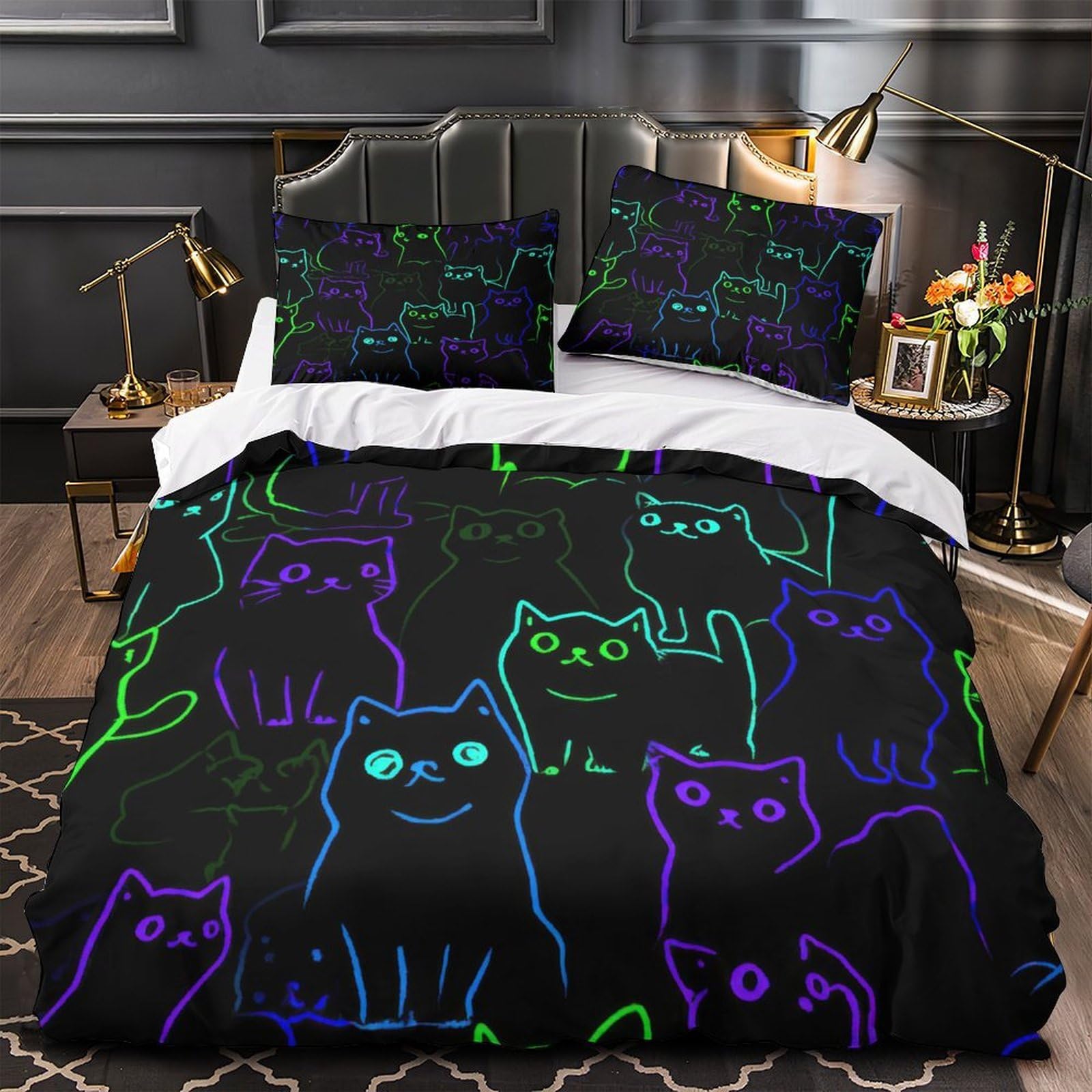 Parure de lit chat néon anti-irritation en microfibre douce avec zip