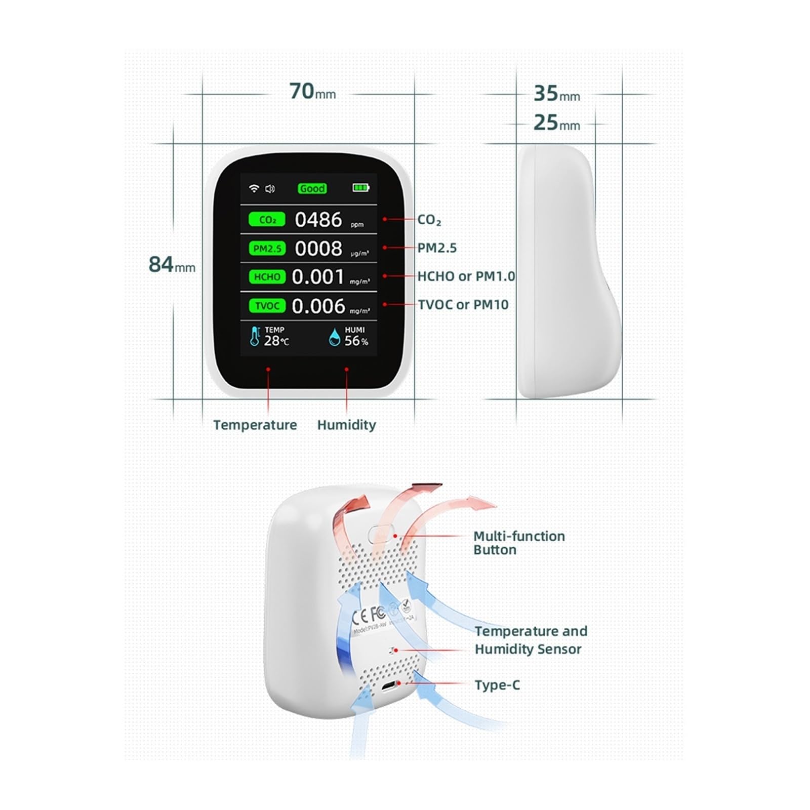 Monitor jakości powietrza, 8in1 PM1.0 PM2.5 PM10 CO2 TVOC HCHO Tester temperatury i wilgotności przenośny miernik ści powietrza detektor dwutlenku węgla dla domu, biura