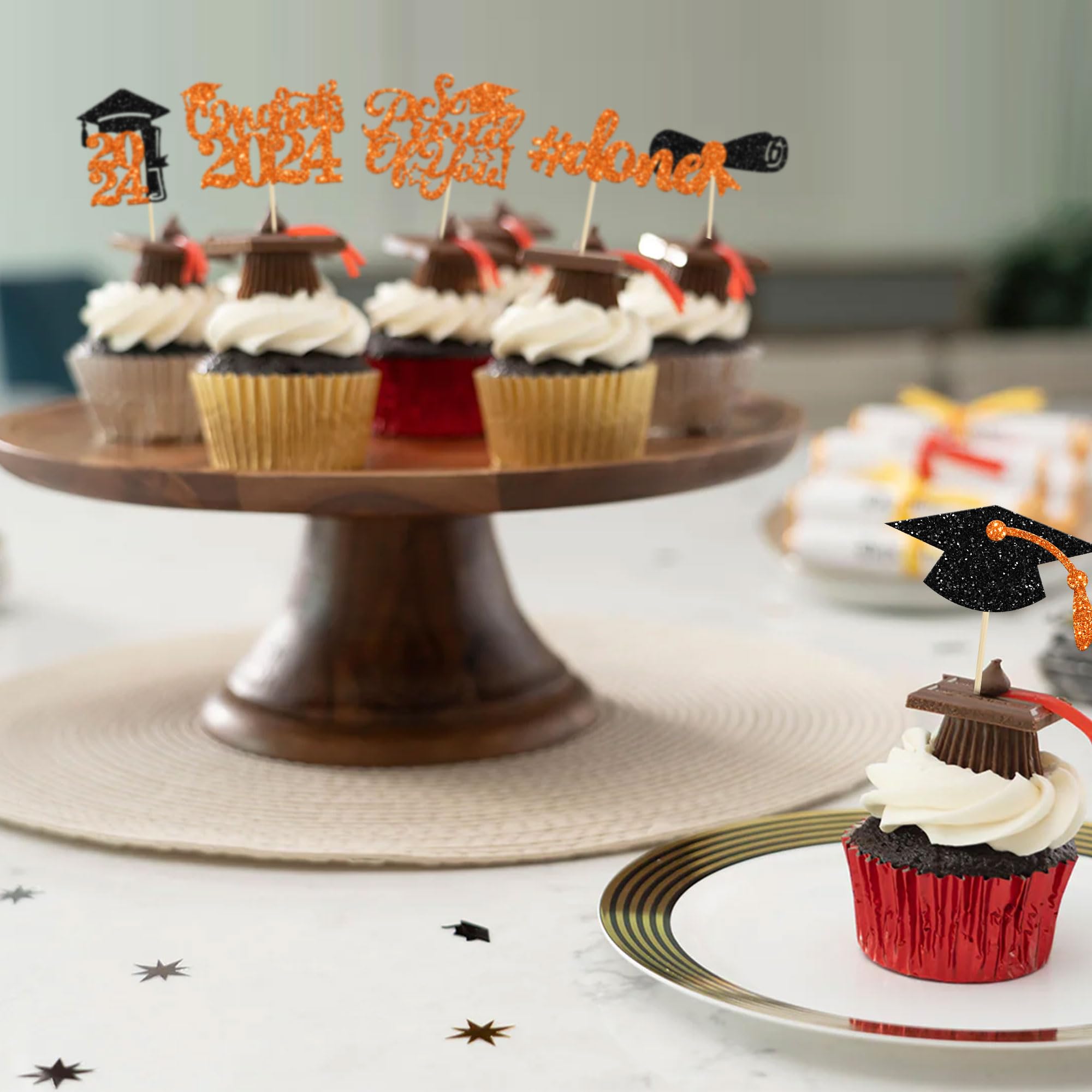 Gyufise 24Pcs 2026 Graduation Cupcake Toppers Orange Glitter Congrats Class of 2026 Done Diploma Grad Cap Cupcake Picks So Proud of you Cake Decoratiosn for 2026 Graduation Theme Party Supplies - Image 4