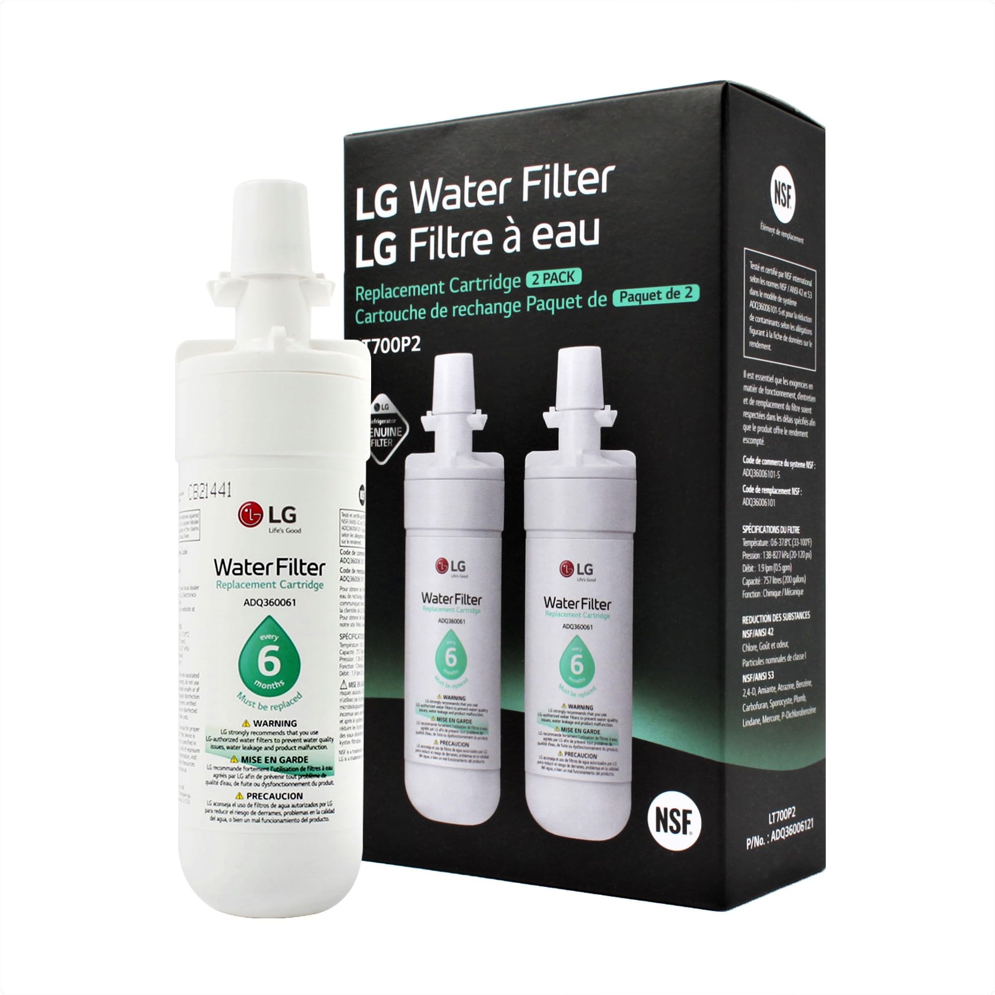 LG LT700P2 6-Month / 200 Gallon Refrigerator Replacement Water Filter, 2 Count (Pack of 1), White