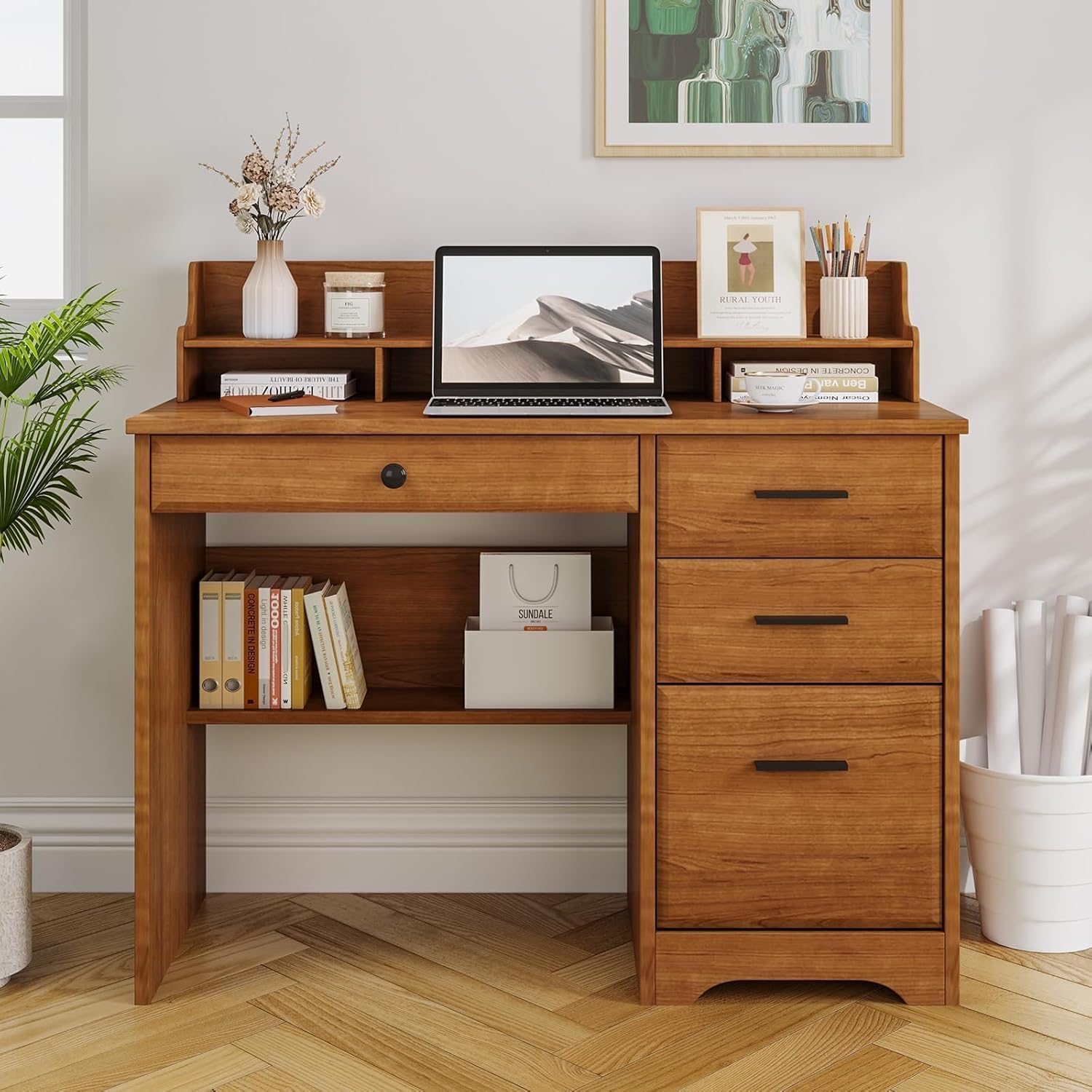 4 EVER WINNER Small Desk with Drawers, Computer Desk with File Cabinet & Monitor Stand, Home Office Desks with Drawers, Wood Writing Desk for Bedroom, Off White