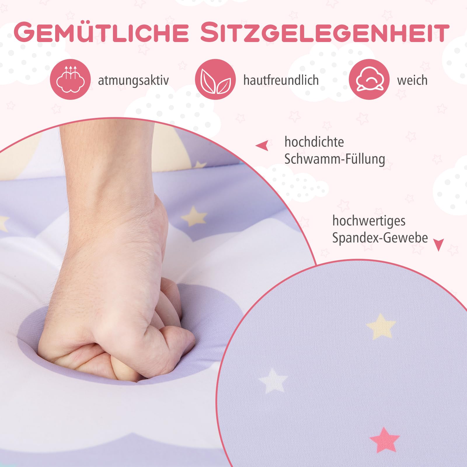 DREAMADE Kindersofa mit schönem Einhornmuster, Kindersessel mit ergonomischer Rückenlehne & Armlehnen, atmungsaktives Kindercouch für Spielzimmer & Kinderzimmer, für Kinder ab 3 Jahren (Lila)