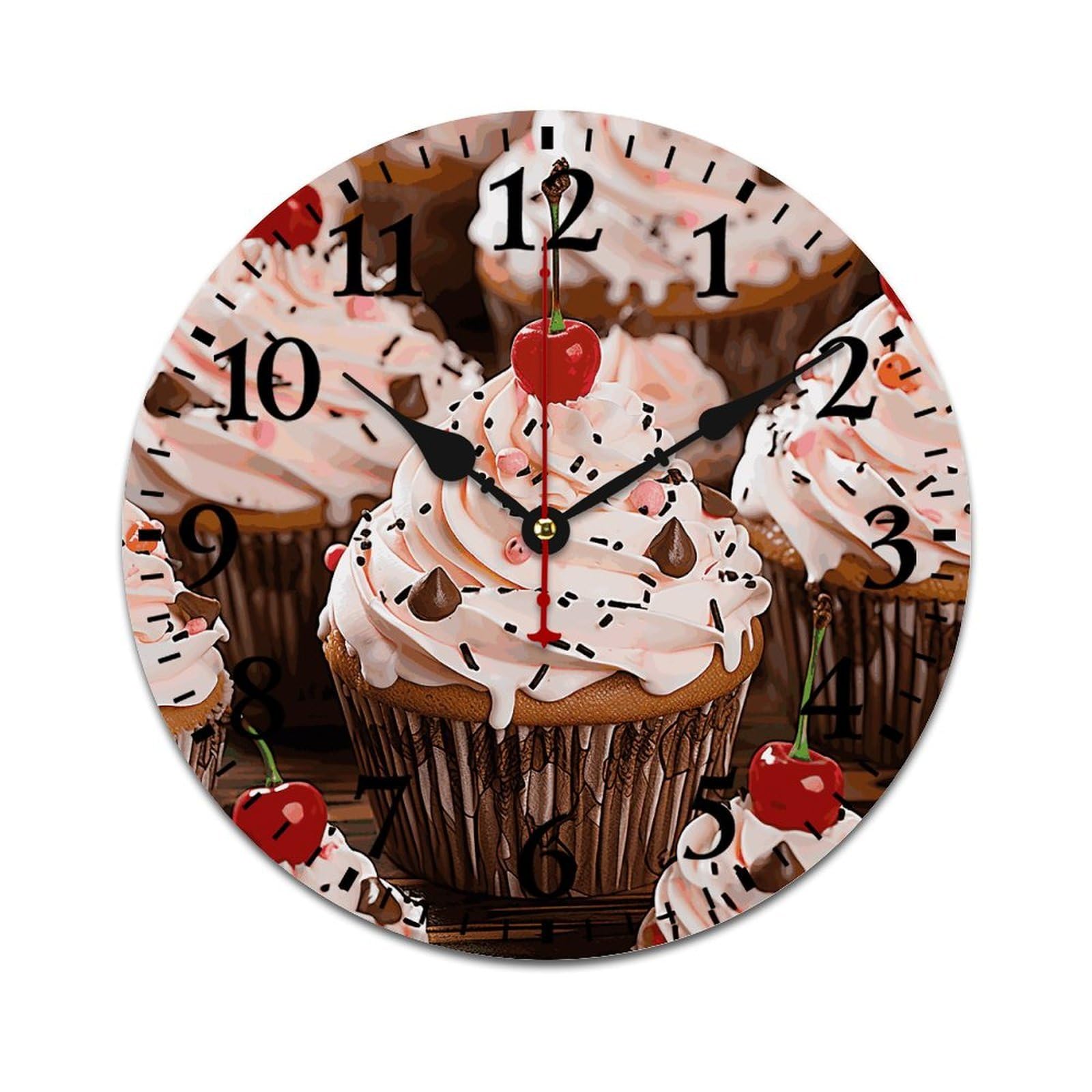 NTVOWPZO 10 Inch Wall Clock Wooden Cupcake and Muffin Battery Operated Wall Clocks Silent Non-Ticking Square Wall Clock for Living Room Kitchen Home Office Wall Decorative Clocks