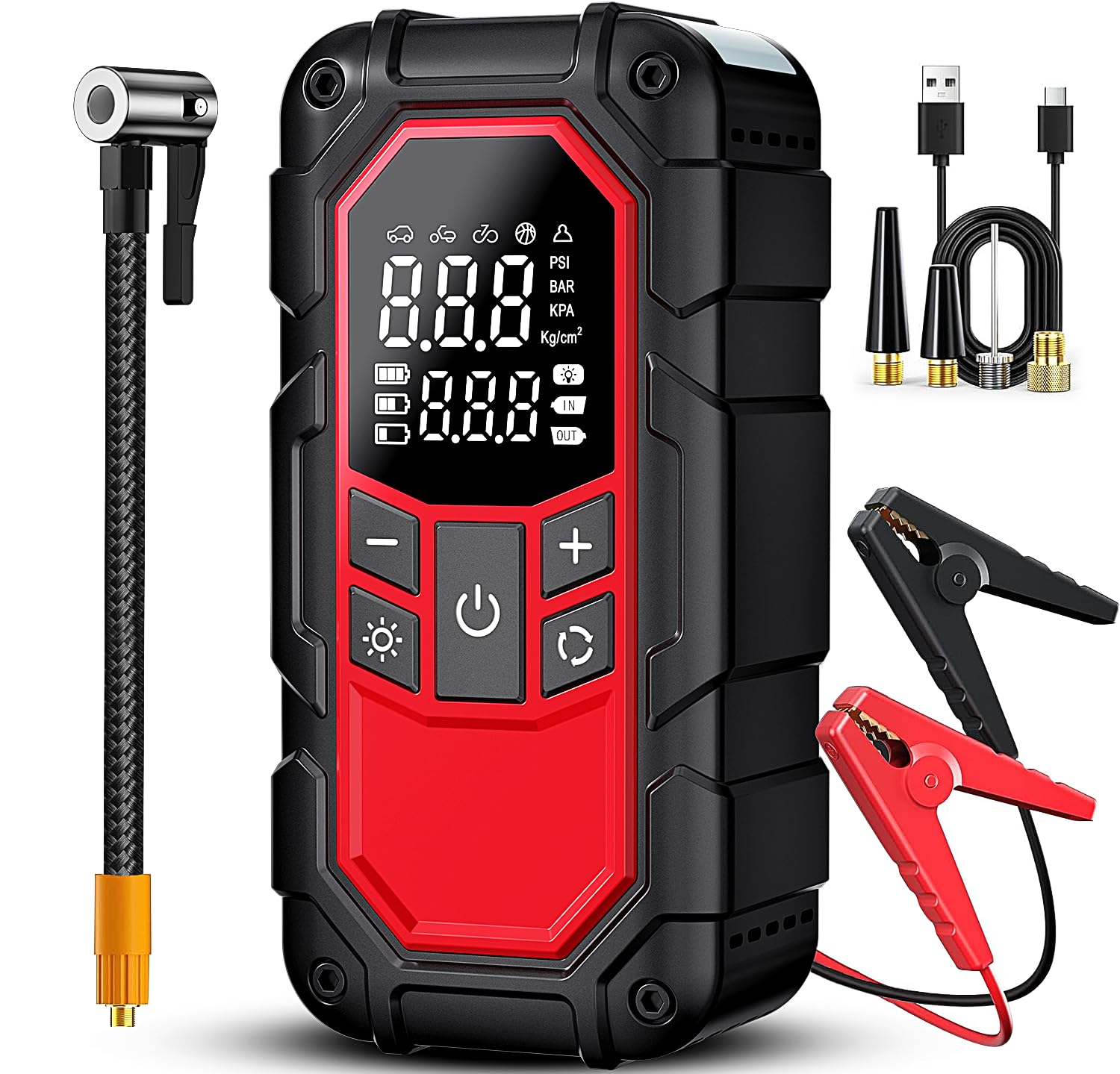 Jump Starter with Air Compressor,3000A car Battery Jump Starter (9.0 Gasoline/6.5L Diesel) with 150PSI Digital tire inflator Portable,12V Power Pack Car Jump Box Charger with LCD Display, Lights