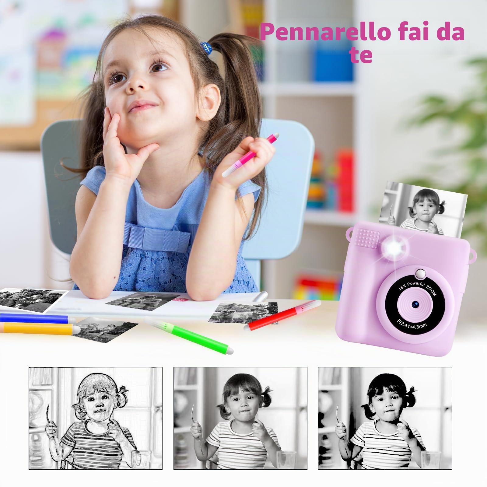 CHRERNA Macchina Fotografica Bambini Istantanea,2,4 Pollici Fotocamera Istantanea Bambini con 32GB Scheda, 1080P HD Fotocamera Digitale Bambina, Regalo per Ragazze Ragazzi da 3-12 Anni