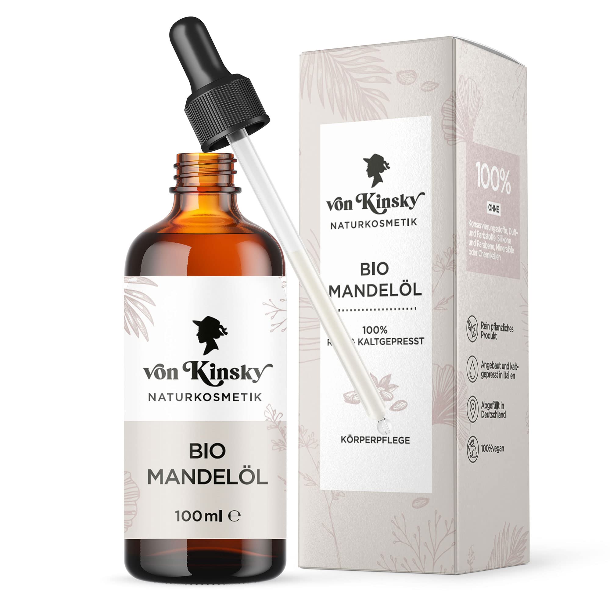 von Kinsky Bio Mandelöl – Bio Mandelöl, 100 ml, kaltgepresst, rein, für Haut, Haare und Nägel