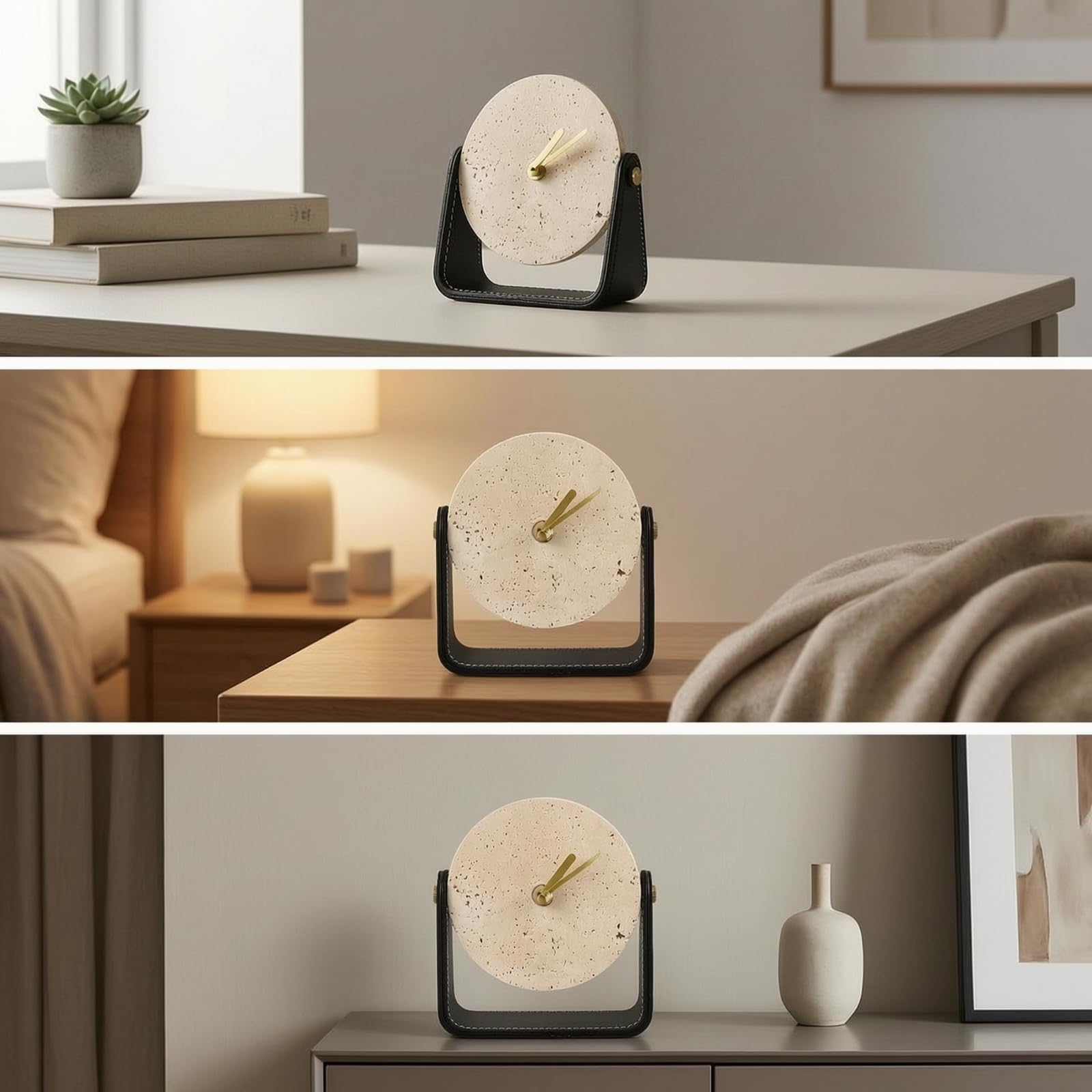 Tischuhr mit Metallständer Modern Dekouhr mit Steineffekt Minimalistisch Standuhr für Wohnzimmer, Büro