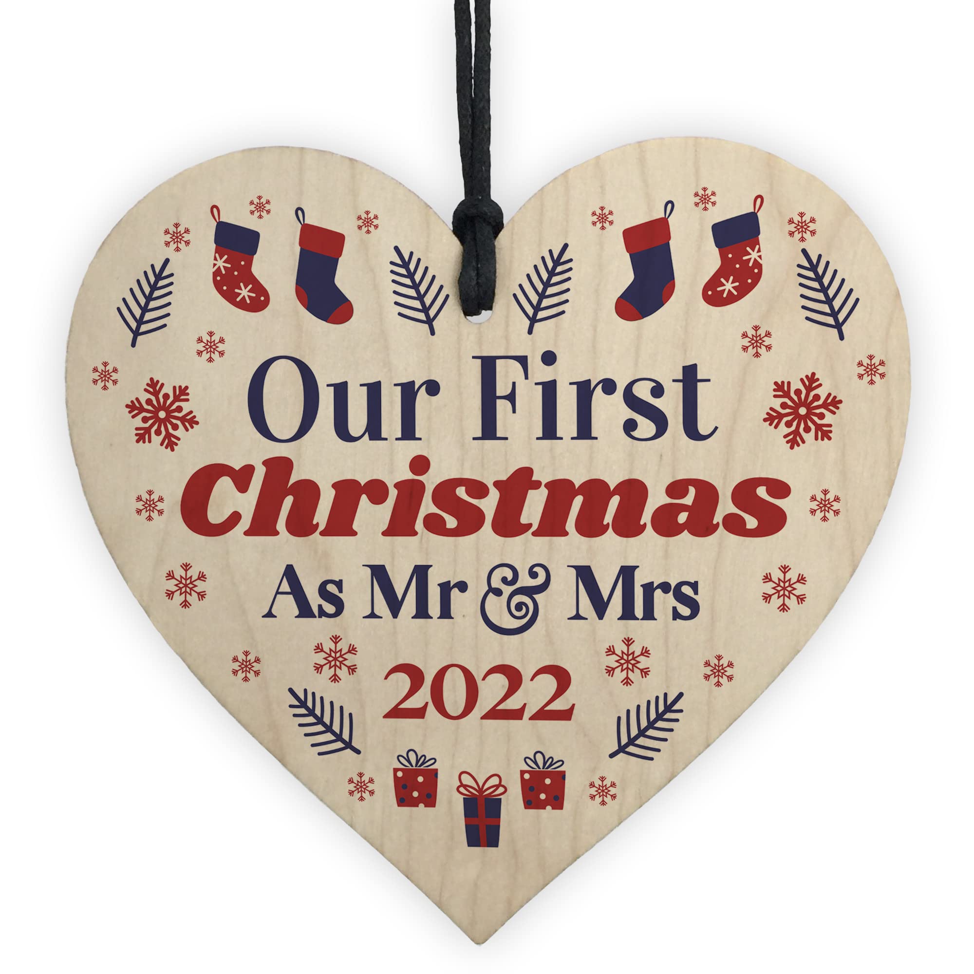 Red Ocean Personalised First Christmas Mr & Mrs Bauble Wooden Heart Hanging Tree Decoration Gift For Husband Wife