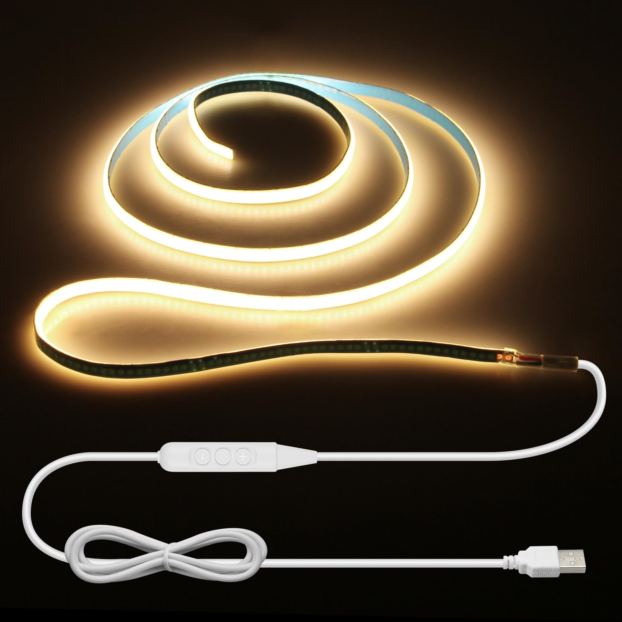 ALITOVE 5 V USB COB LED Strip 1 m Dimmable 5 mm Wide Warm White 3000 K 400 LEDs Strip Light Self-Adhesive with Switch for Bedroom TV Backlight Wall Kitchen Decor DIY Lighting