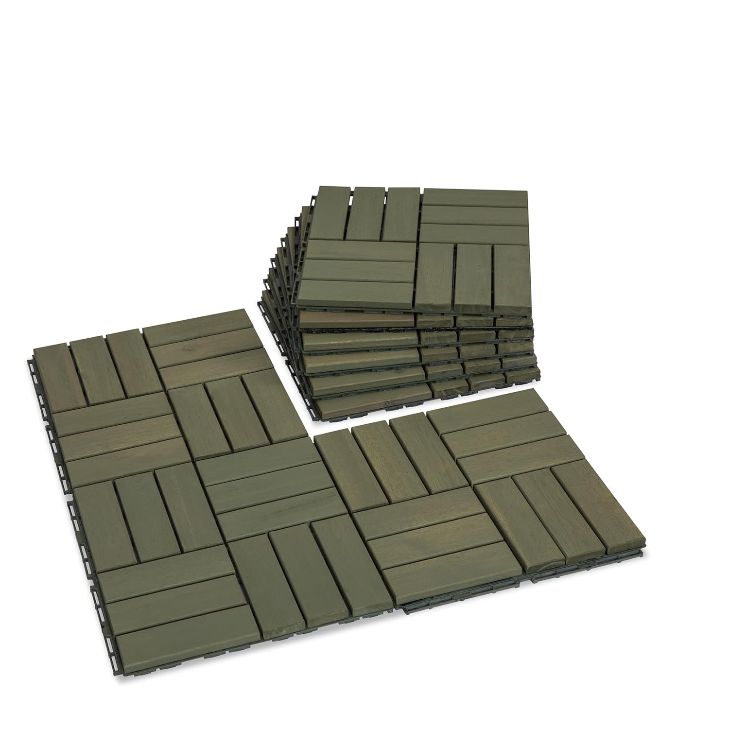 Acacia Wood Flooring Interlocking Deck Tiles for Patio Decor 9 Pcs 12 Slats VR Muted Green - Waterproof Indoor & Outdoor Decor - Balcony Garden Decking Tile (12.2 * 12.2 * 0.7 inches) 12 Slats Muted Green 9