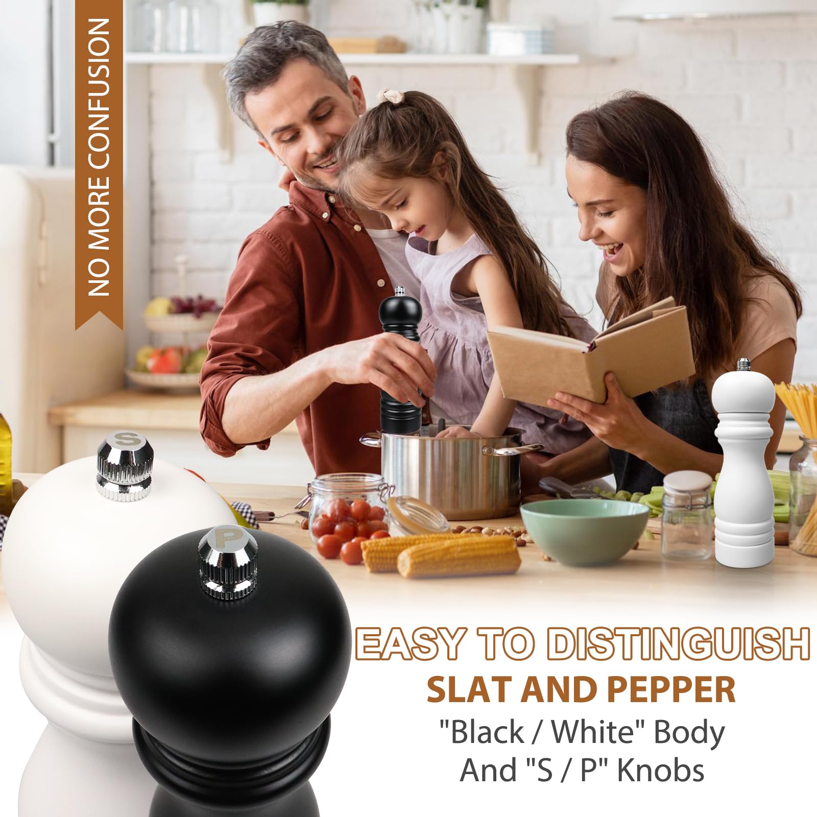 Macina Sale e Pepe Manuale, Macinapepe e Macinasale in Legno, Macinino per Spezie con Macina in Ceramica Regolabile da Fine a Grossolano, 2 Pezzi, Nero + Bianco (16.5cm)