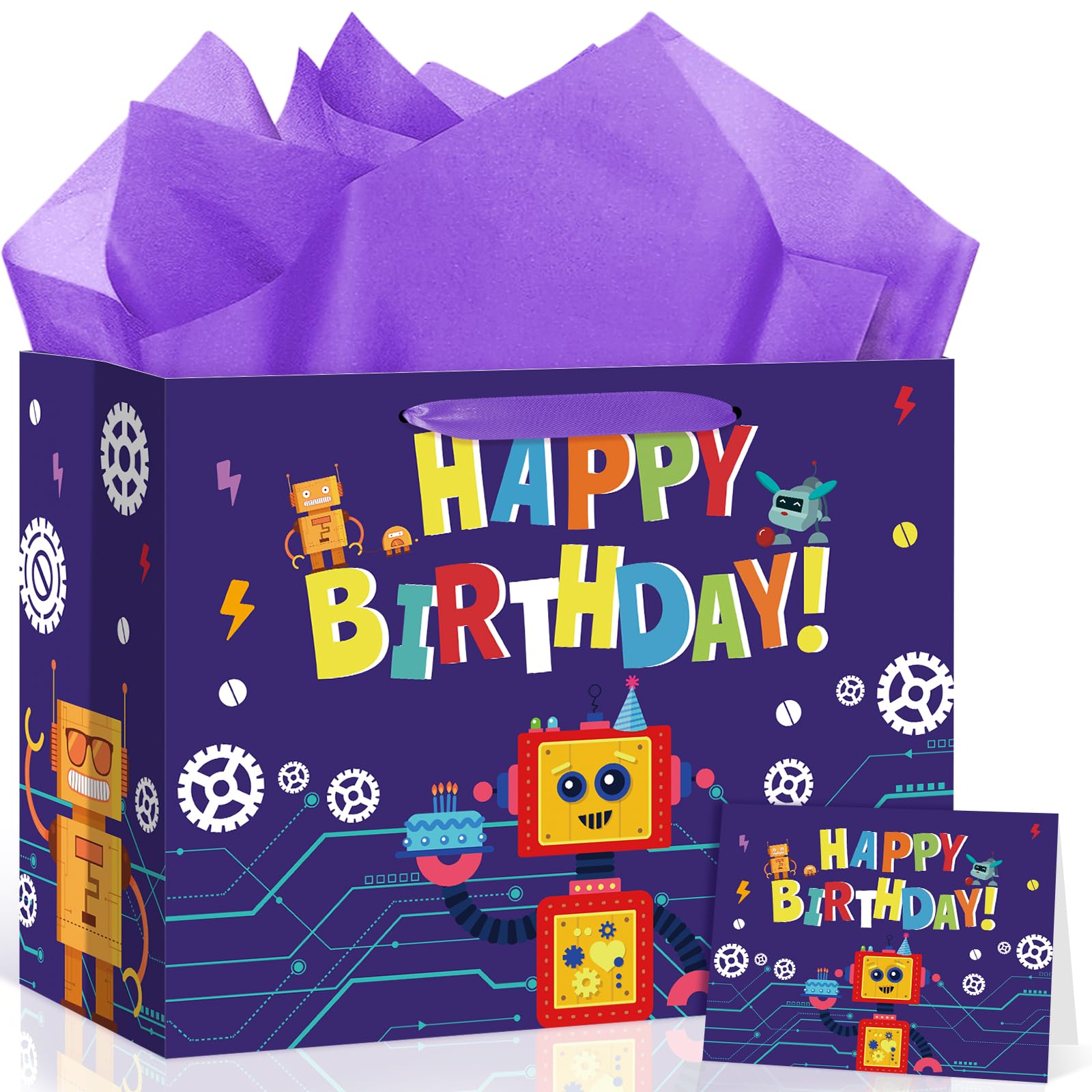 Robot Birthday Party Supplies Robot Gift Bag with Wrapping Paper and Greeting Card Large Colorful Robot Party Decorations with Handle for Girls Boys Wrapping Paper Goodie Gift Bag Birthday Party Decor