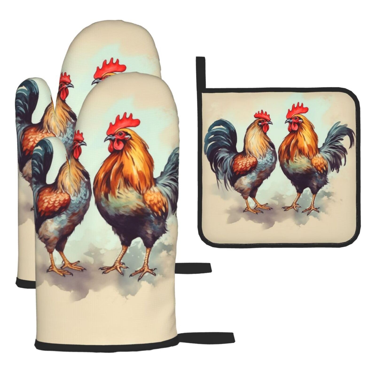 3 Piece Oven Mitts and Pot Holders Set Heat Resistant Oven Gloves and Potholders BBQ Gloves Hot Pads Rooster and Hen Cooking Gloves for Kitchen Baking Grilling