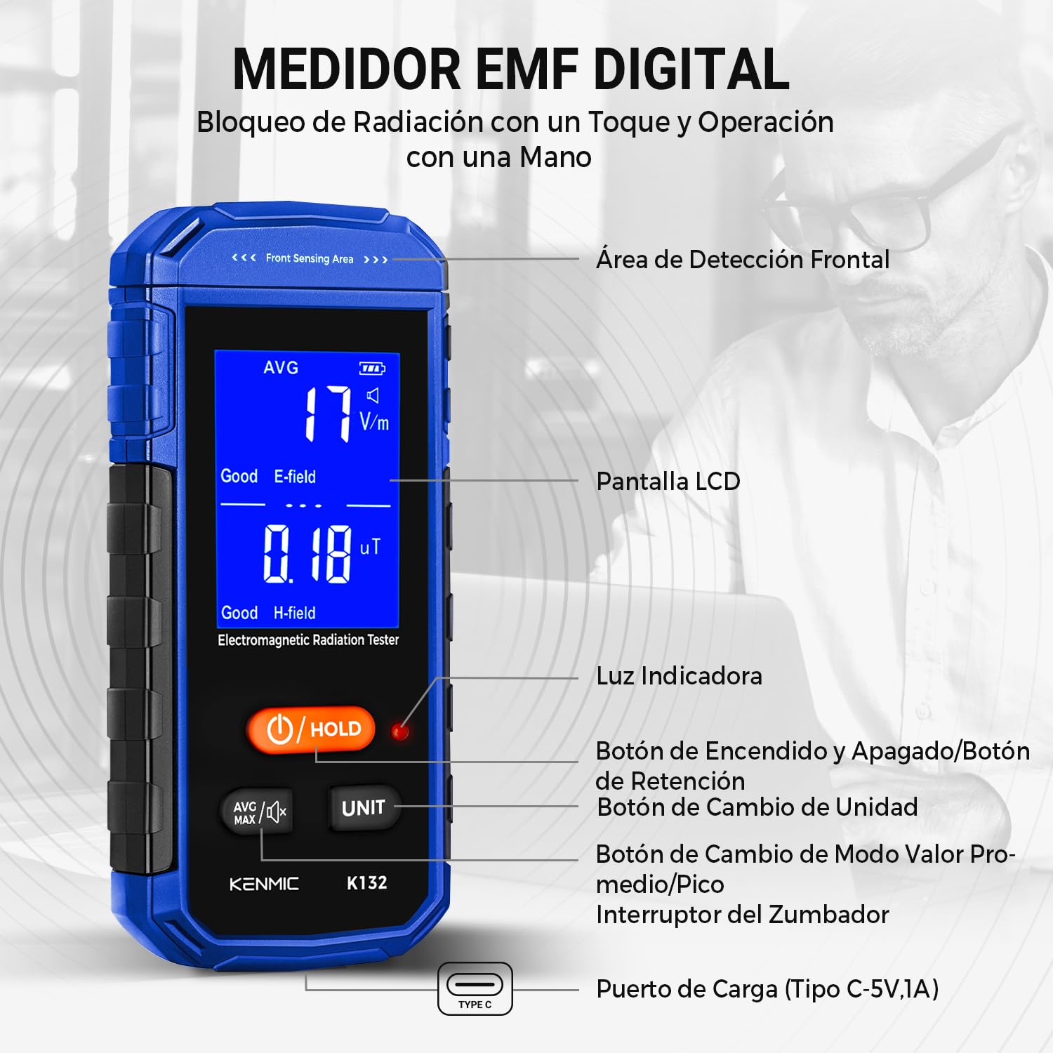 Medidor EMF, Detector Portátil de Campo Electromagnético con LCD Digital, Adecuado para Inspecciones EF/MF en Casa y al Aire Libre, Caza de Fantasmas - Azul