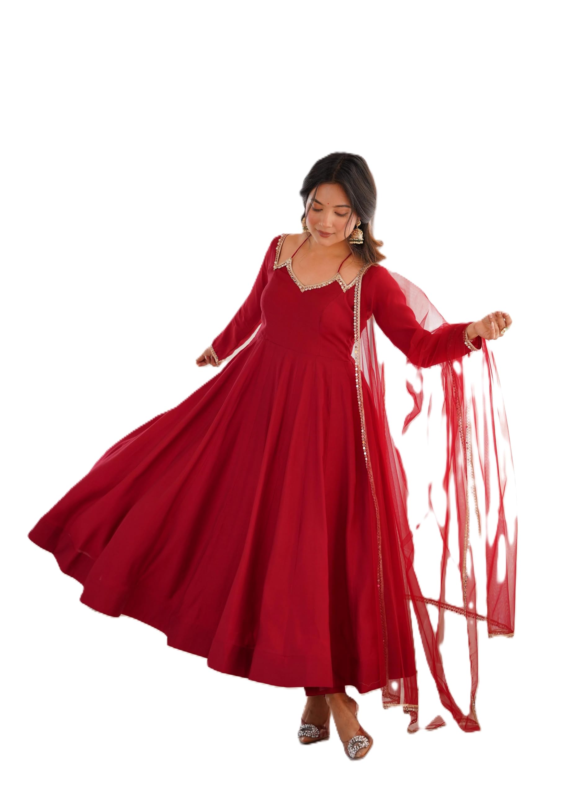 Women’s Pure Roman Silk Chanderi Anarkali Suit Set | Fully Flared 4+ Meter Gown with Dupatta & Pant | Ready to Wear Ethnic Party Wear Dress (UK, Alpha, M, Regular, Regular, Red)