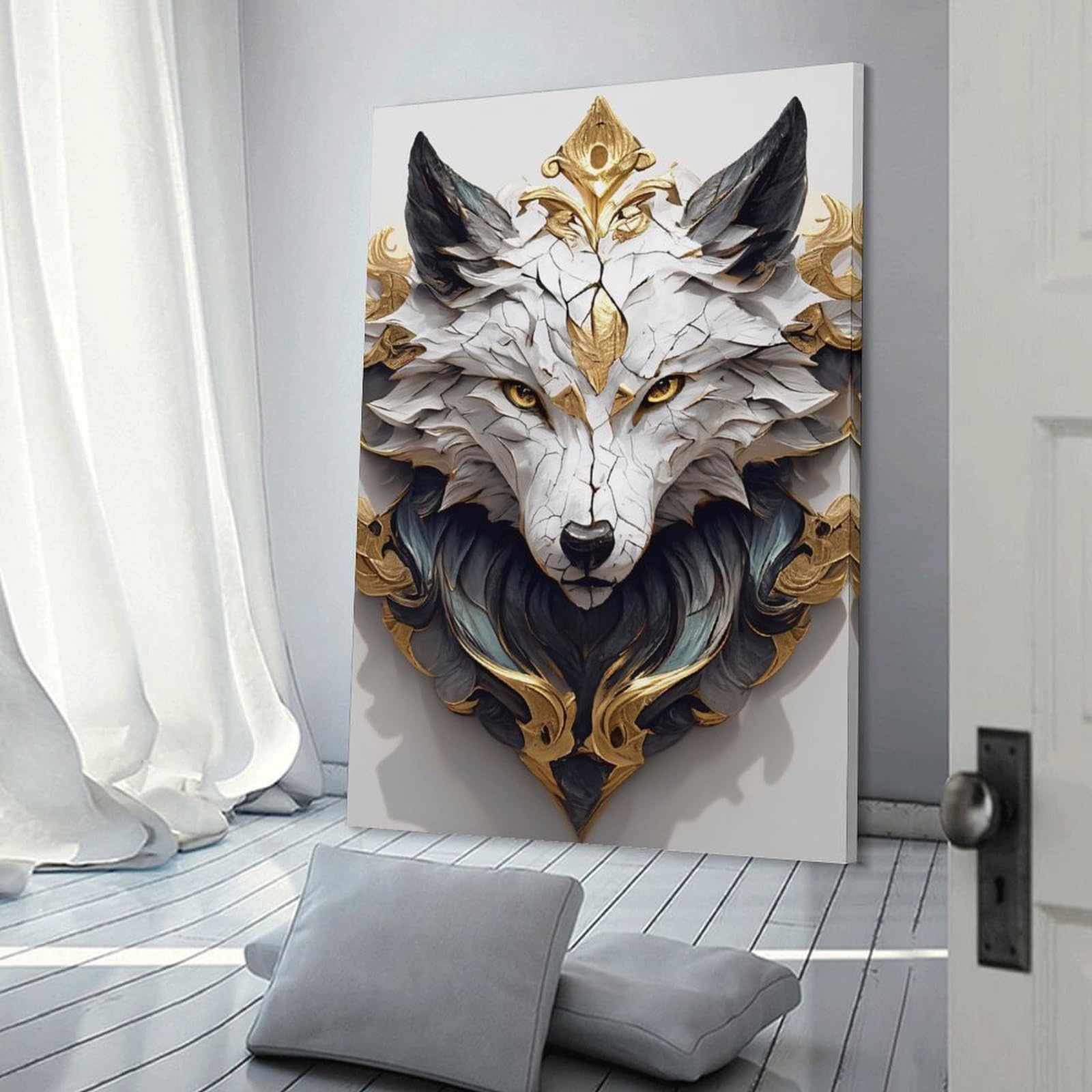 Junmoney Ornate White Wolf Head Sculpture Wall Picture Print, 20x30inch(50x75cm), for Workspace Walls, Study Corners Or Bedrooms, Wall Art That Adds Style to Work Areas
