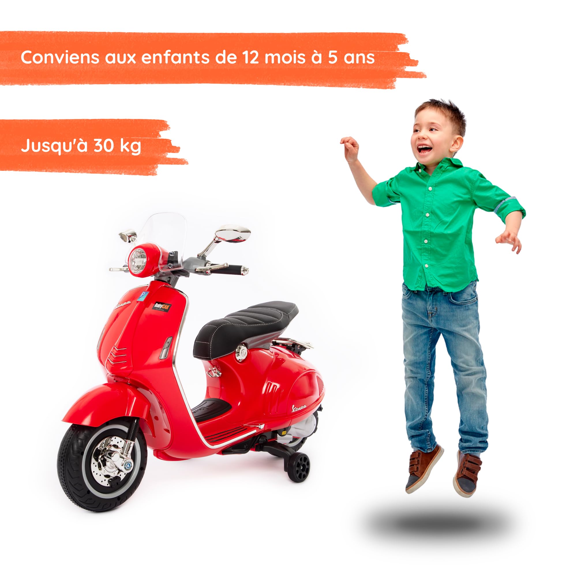 BabyCar Vespa Electrique Enfants | Moto Electrique Enfants 12V Style Vespa 946 avec Lumières, Sons Intégrés, MP3/USB et Roues Stabilisateur | 2 Moteurs de 25W avec Accélérateur à Pédale | Rouge