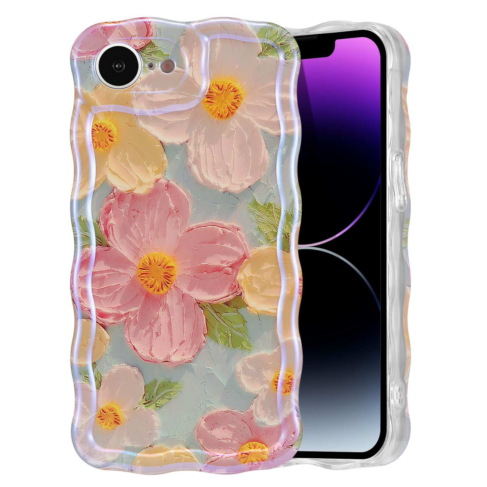 EYZUTAK Case for iPhone 15, Colorful Retro Oil Painting Flower Laser Beam Glossy Pattern Cute Curly Waves Border Exquisite Phone Cover Stylish Durable Soft TPU Protective Case for Girls Women - Green — view 66